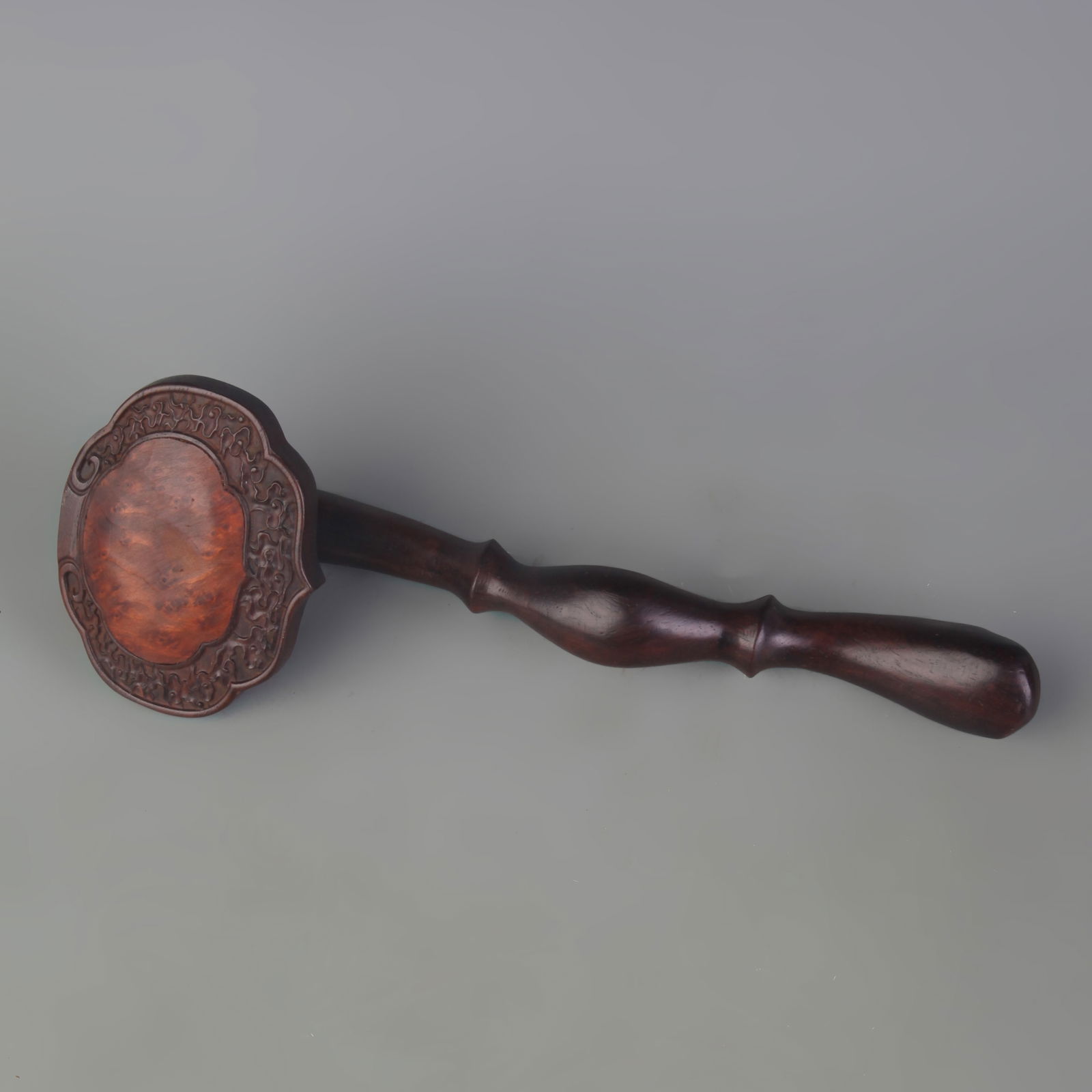 REDWOOD INLAID WITH SHADOW WOOD RUYI: Qing Dynasty; Long: 10.7 inch