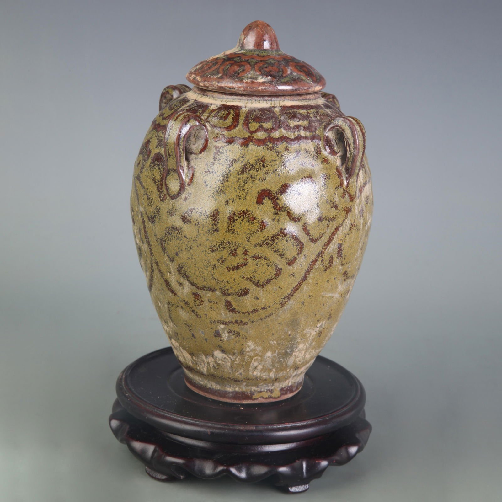 EEL YELLOW GLAZE FOUR-HANDLED POTTERY JAR: High: 7.0 inch