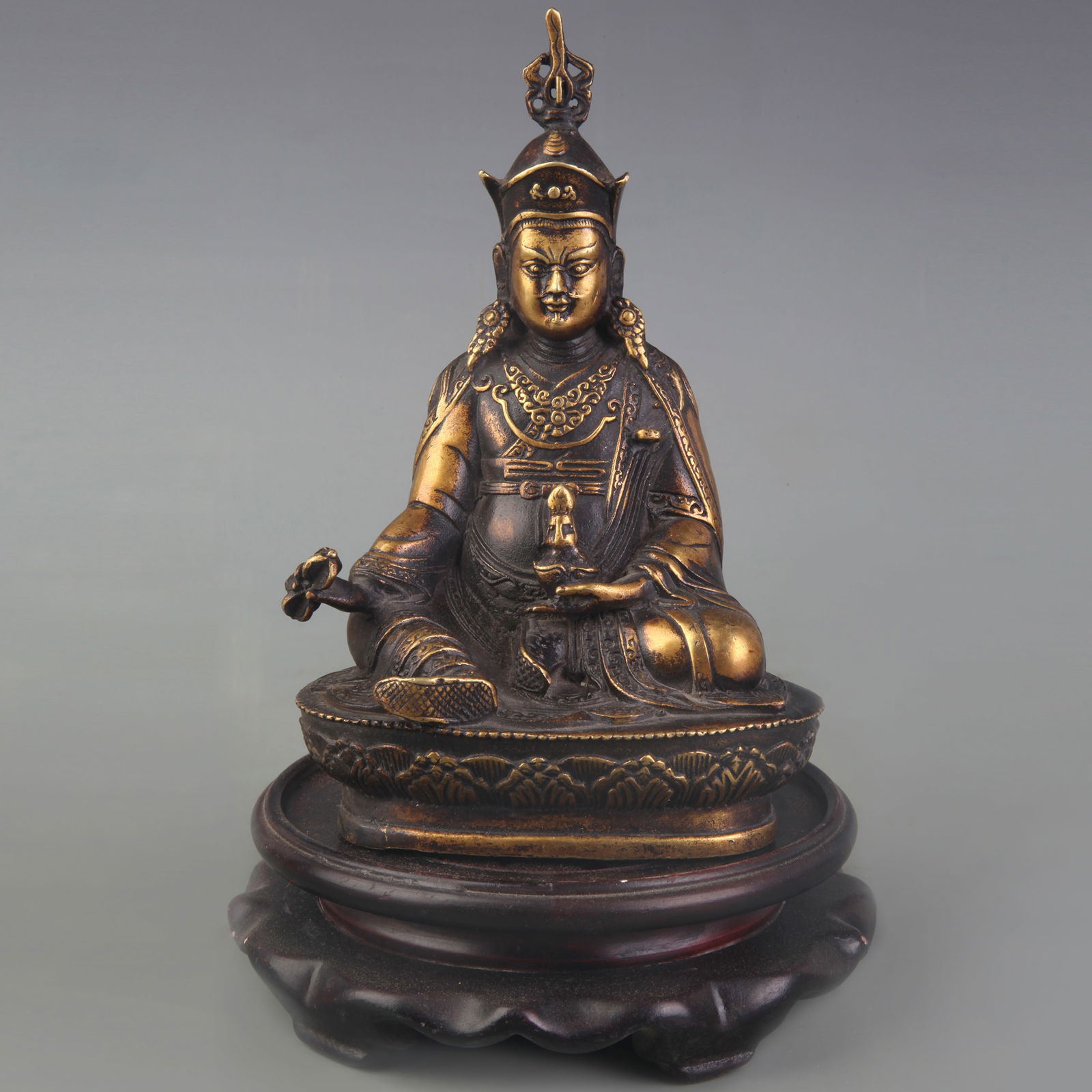 A FINE BRONZE PADMASAMBHAVA (LOTUS-BORN) STATUE: 20th Century; Width: 4.2 inch; High: 6.3 inch