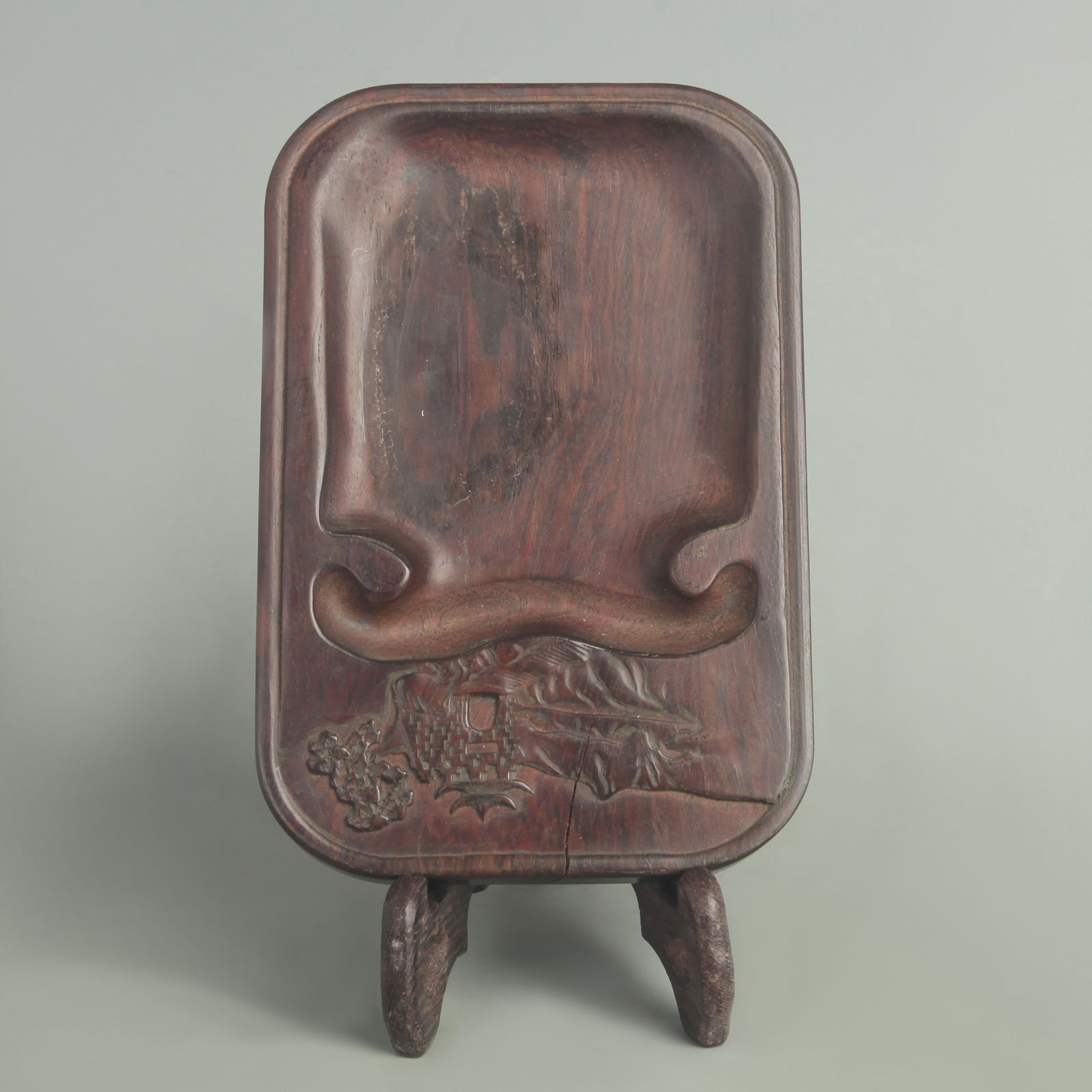 SANDALWOOD CARVED INKSTONE WITH LANDSCAPE AND PAVILION PATTERNS: 20th Century; Long: 6.75 inch; Width: 4.50 inch;