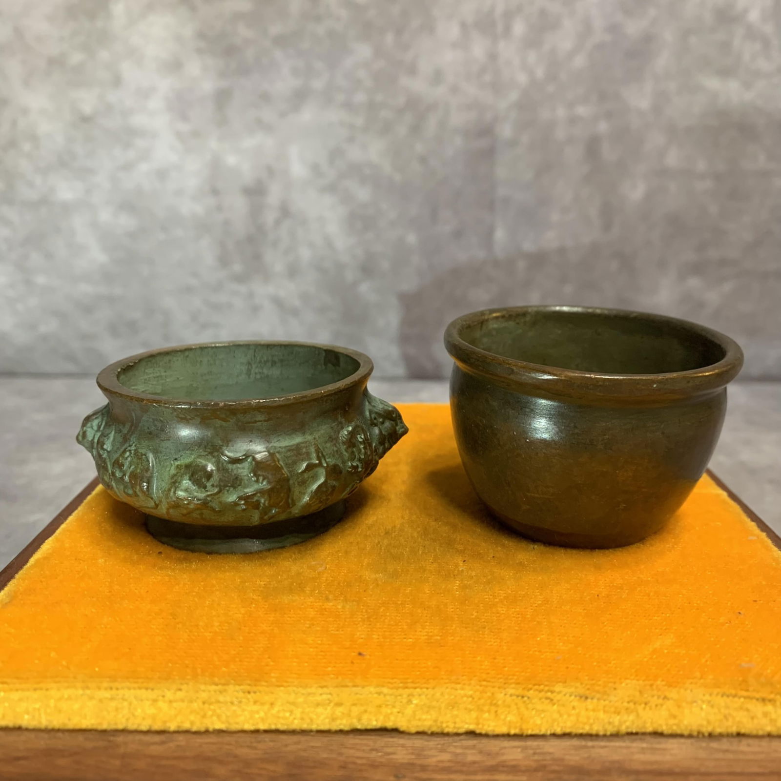 GROUP OF TWO SMALL ROUND BRONZE CENSER: 20th Century; High: 1.2 inch; Diameter: 2.2 inch. High: 1.6 inch; Diameter: 2.3 inch