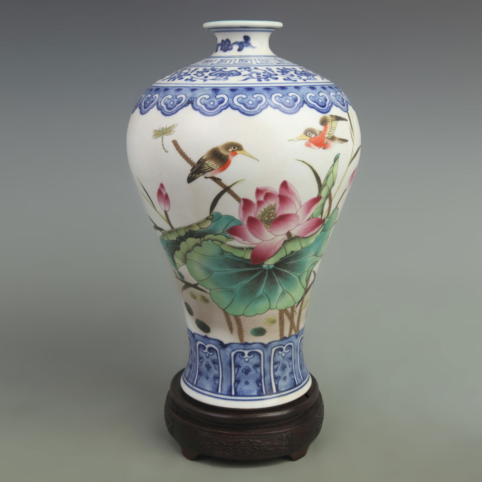 BLUE AND WHITE BORDER "FAMILY HARMONY BRINGS PROSPERITY" PLUM VASE: Qing Dynasty Yong Zheng Period; High: 12 inch; Width: 8 inch