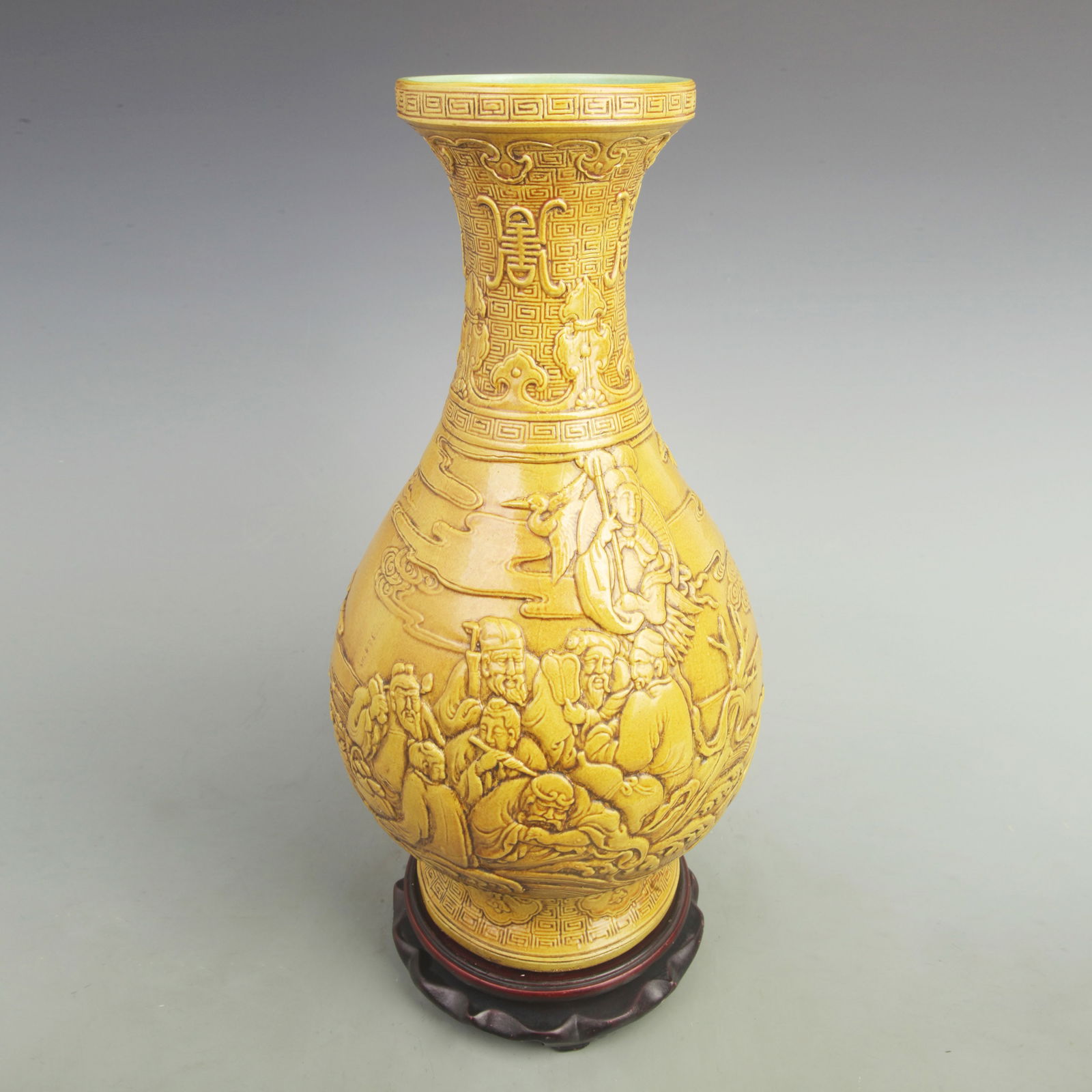 YELLOW GROUND INCISED EIGHT IMMORTALS HUMAN FIGURE PORCELAIN VASE: Qing Dynasty; High: 17.0 inch; Width: 9.2inch