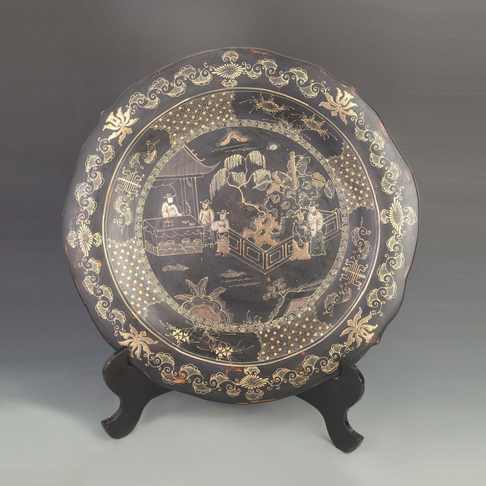 LARGE LACQUER PAINTED FIGURE STORY CHARACTER PATTERN WOOD TRAY: Ming Dynasty Style; High: 1.50 inch Diameter: 20.25 inch