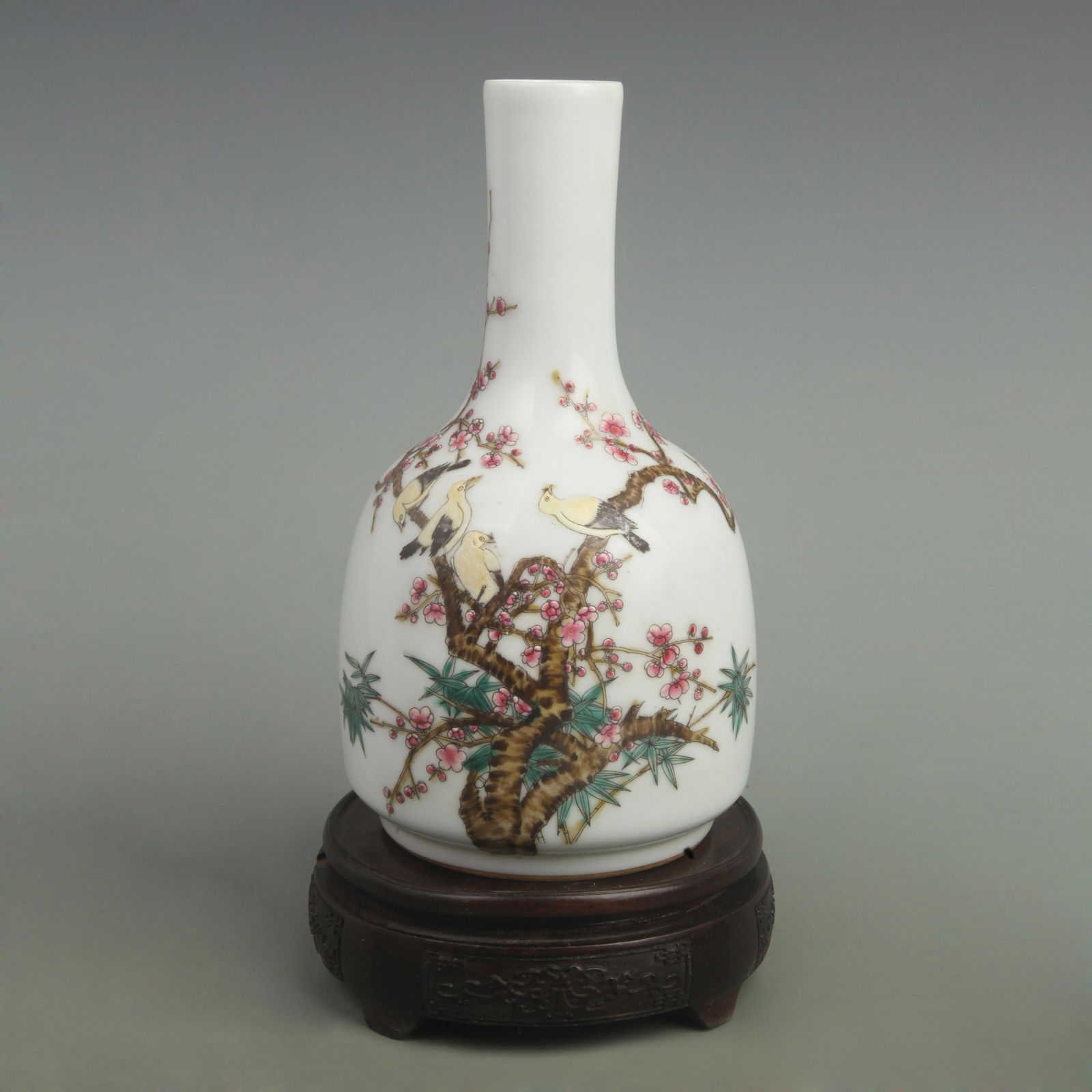 RARE FAMILLE ROSE PLUM FLOWER PATTERN BELL SHAPED BOTTLE (1 of 5)