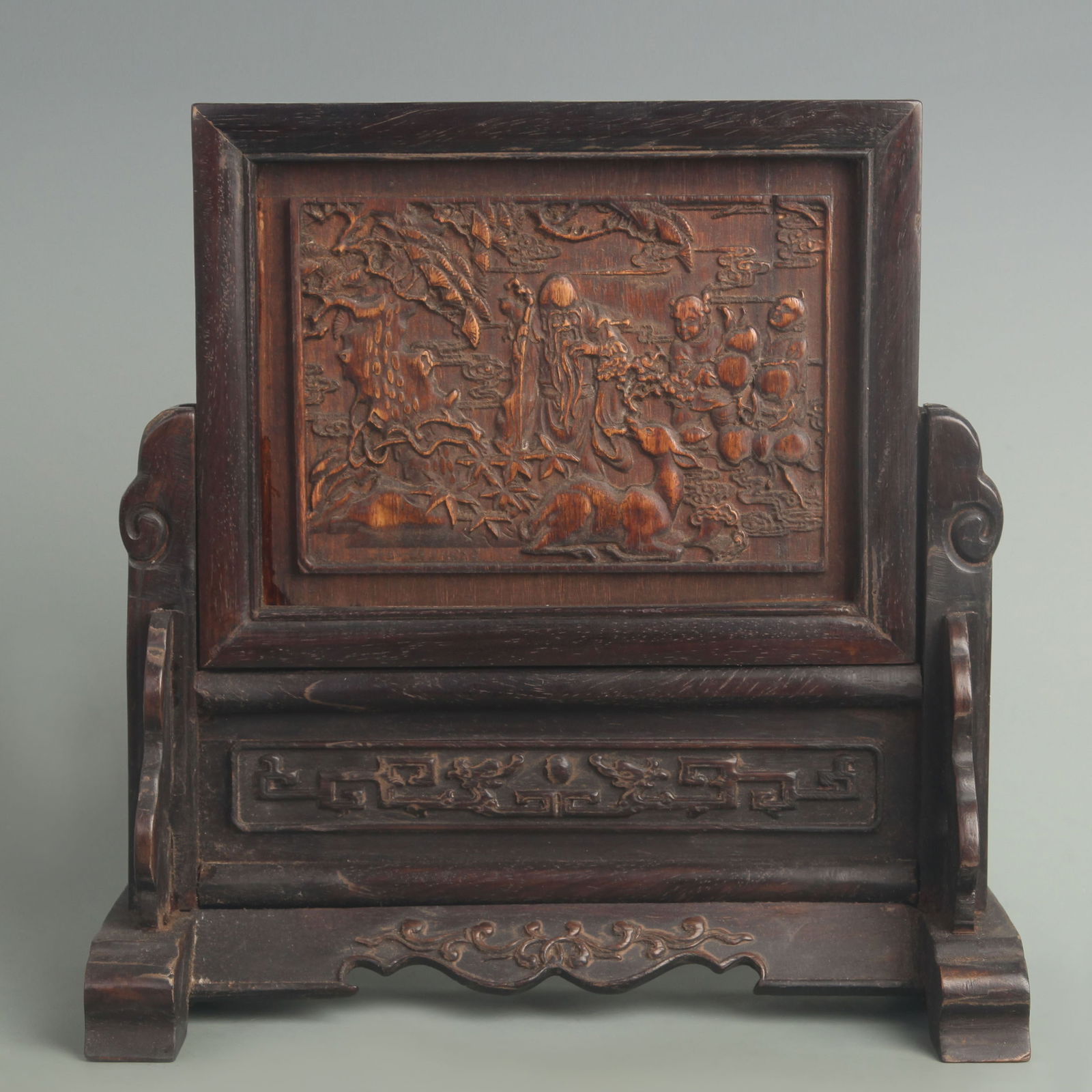 BLACK EBONY WOOD TABLE SCREEN WITH FU, LU, SHOU PATTERN (1 of 5)