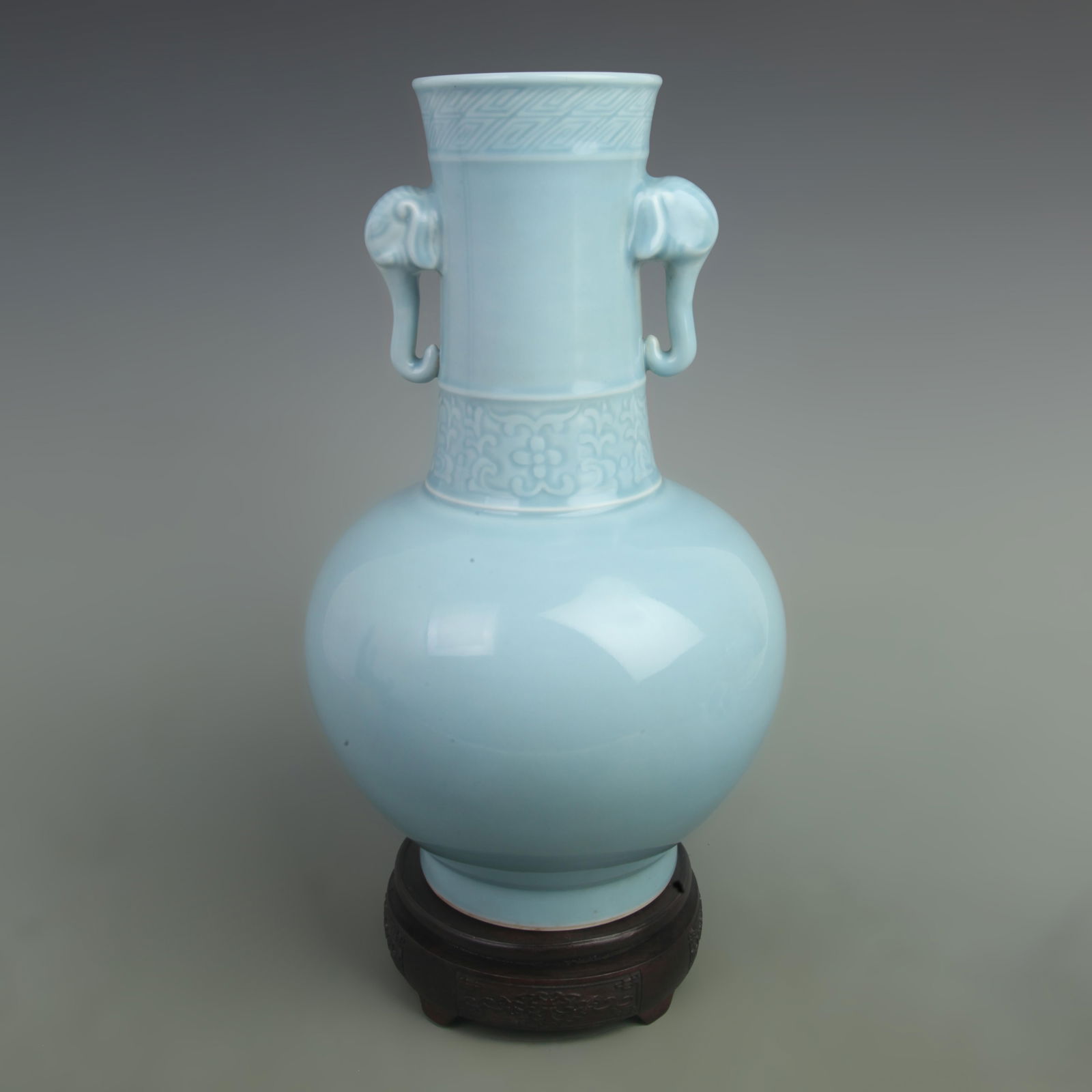 LIGHT BLUE GLAZED DOUBLE ELEPHANT EAR PORCELAIN VASE: Qing Dynasty Qian Long Period, High: 12.5 inch; Width: 8.5 inch;