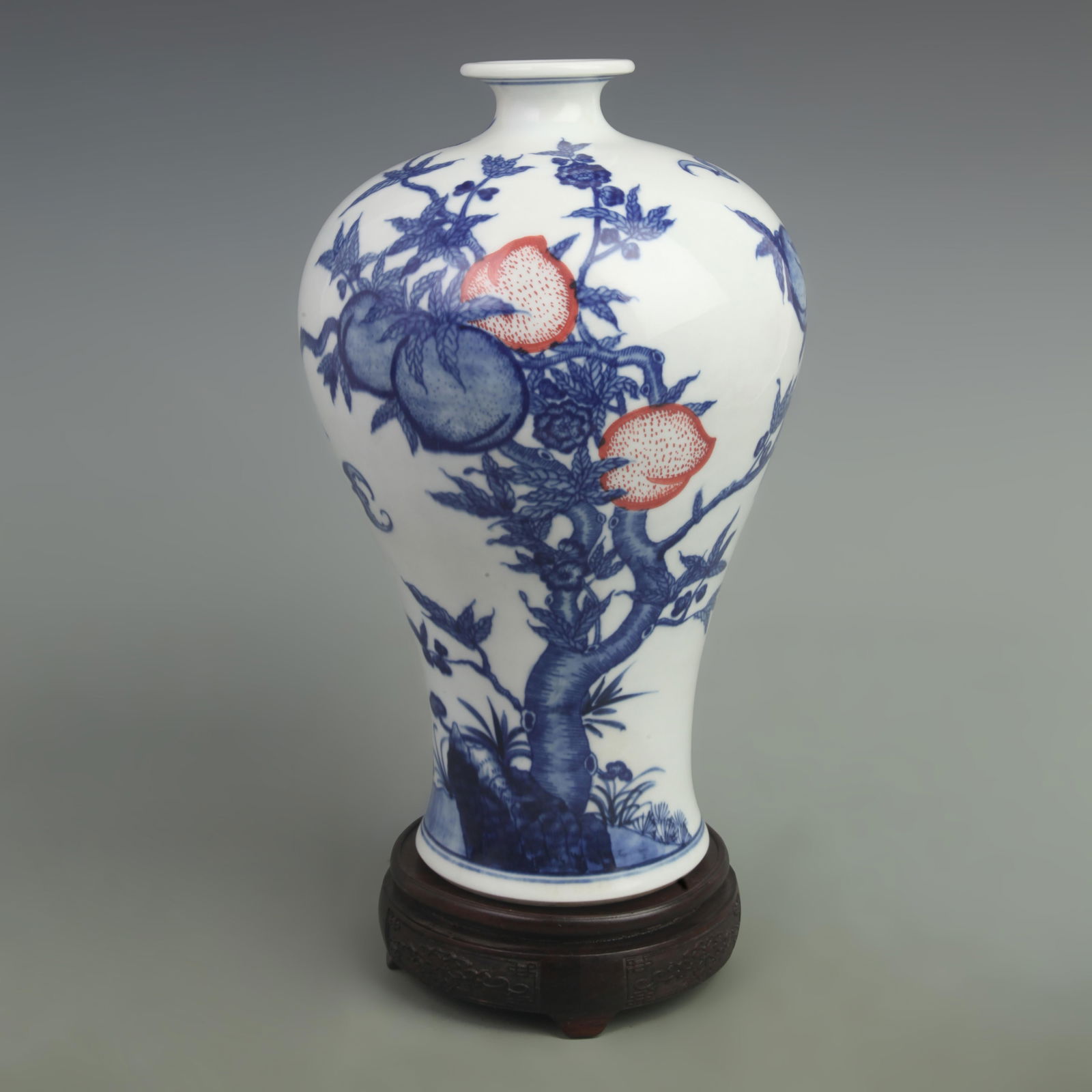 BLUE-AND-WHITE AND UNDERGLAZE RED PORCELAIN VASE WITH PLUM BLOSSOM PATTERNS: Qing Dynasty Yong Zheng Period; H:12.2inch Width: 8inch