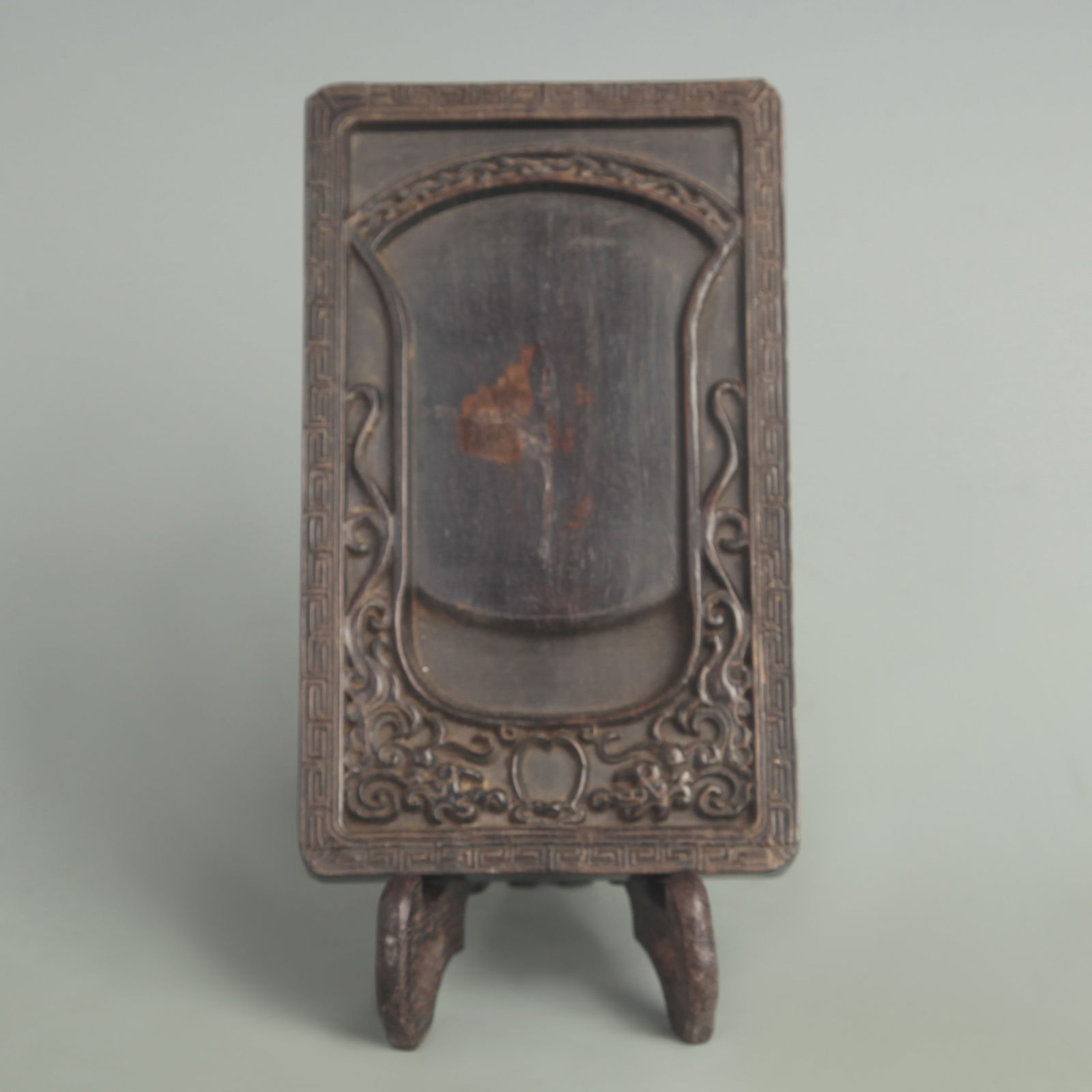 SANDALWOOD-CARVED DOUBLE DRAGON-PATTERN INKSTONE: 20th Century; Long: 7.00 inch; Width: 4.25 inch;