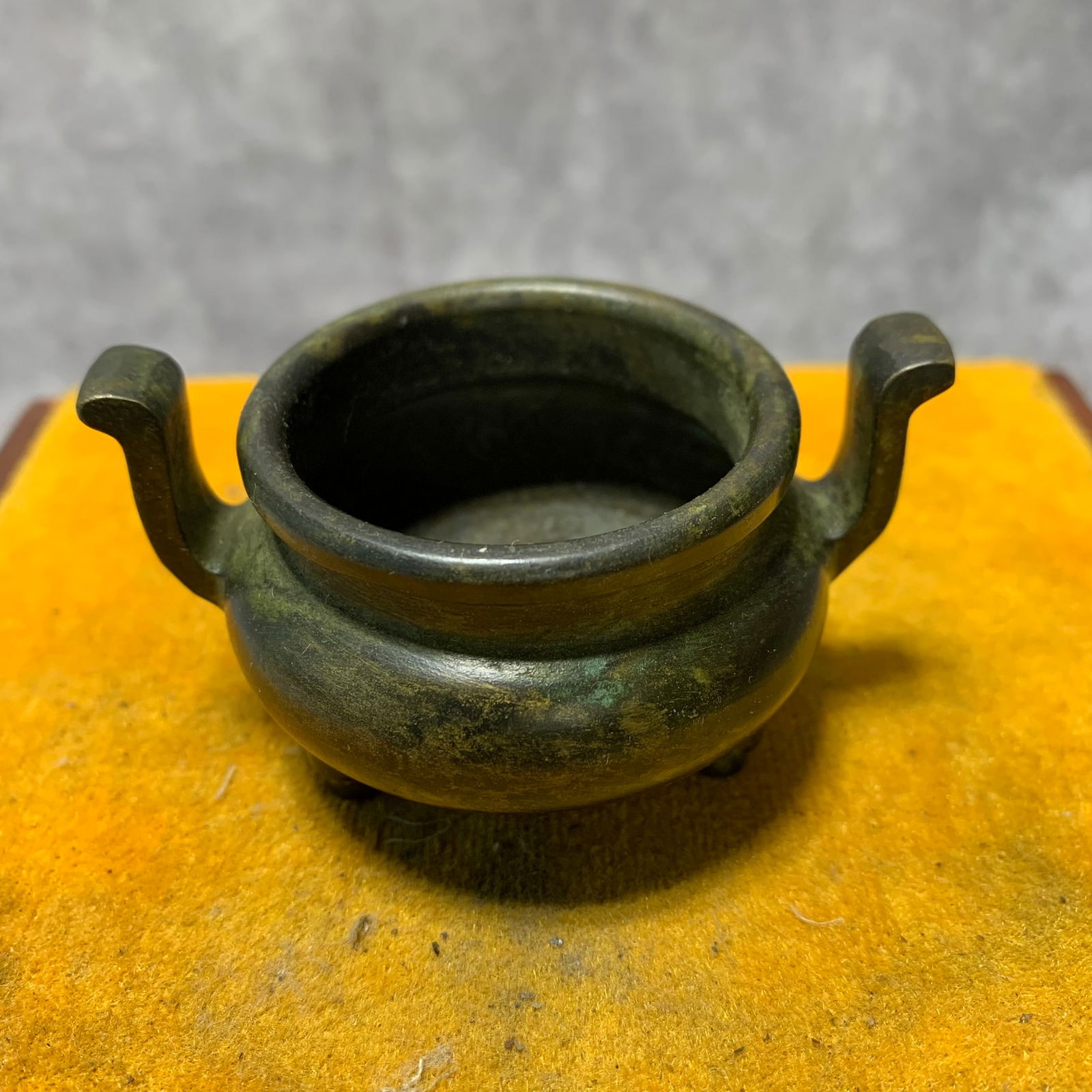 SMALL THREE-LEGGED INCENSE BURNER WITH UPRIGHT EARS: Ming Dynasty Style; High: 1.7 inch D; 2.8 inch