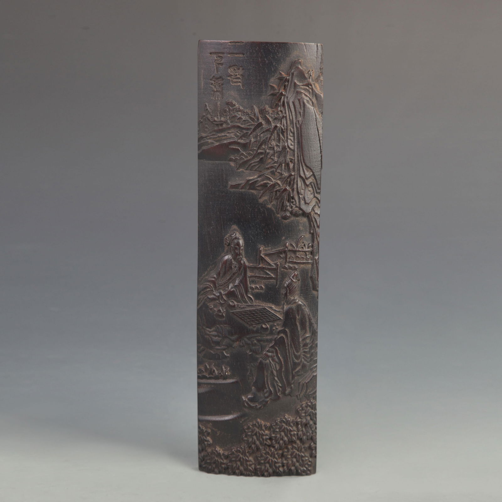 EBONY CARVED "TWO ELDERS PLAYING CHESS" ARM REST: 20th Century; High: 11.0 inch; Width: 3.00 inch
