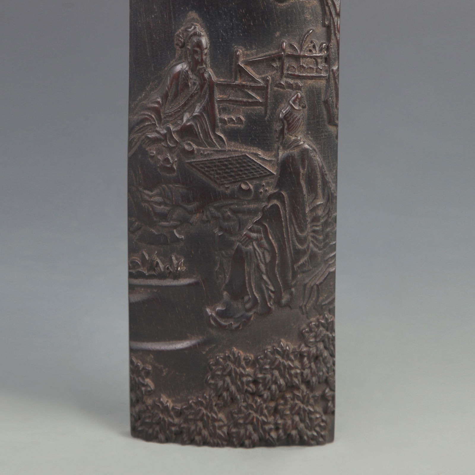 EBONY CARVED "TWO ELDERS PLAYING CHESS" ARM REST - 4