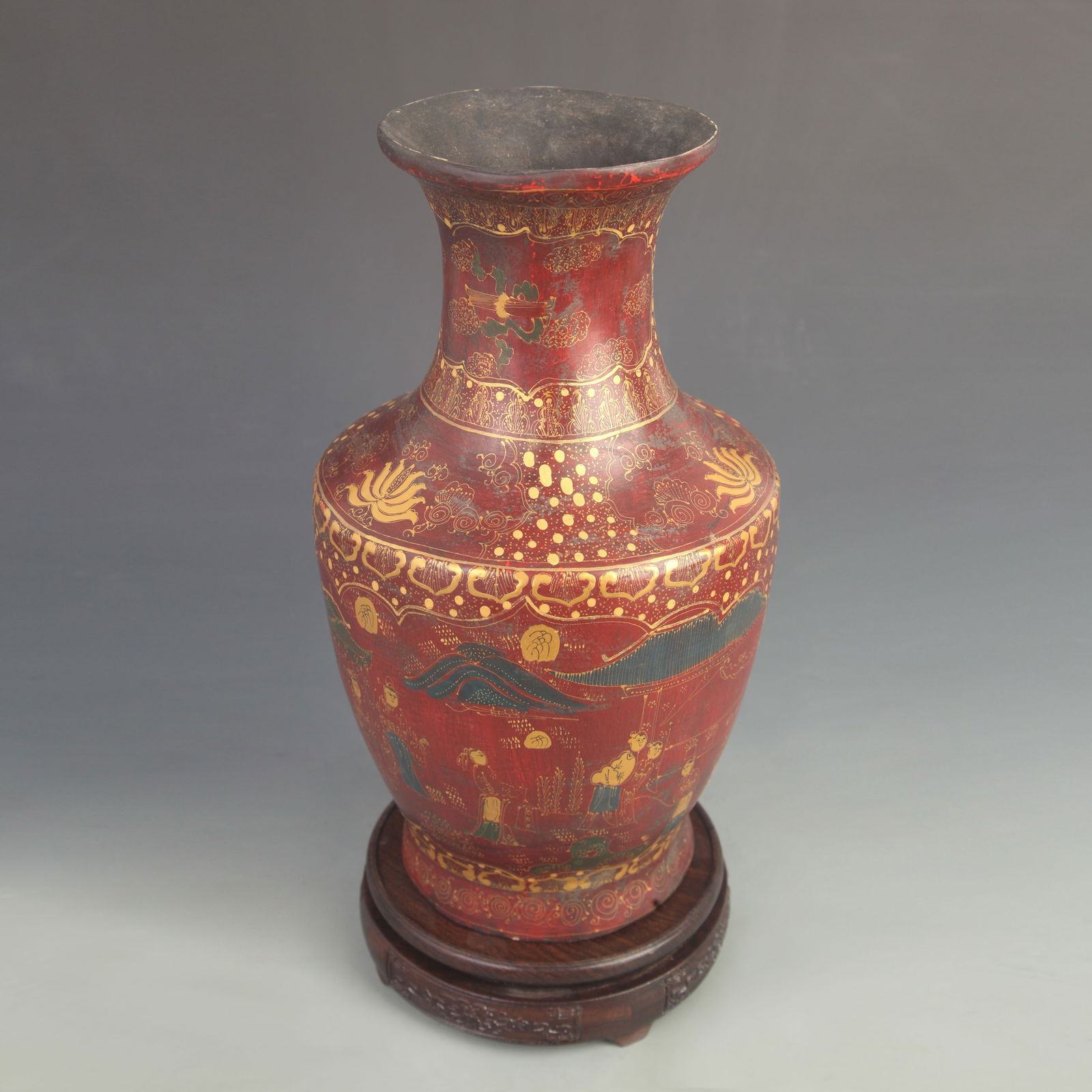LACQUER AND GOLD-PAINTED WOODEN VASE WITH OPEN-WORKED FIGURE STORY (1 of 5)