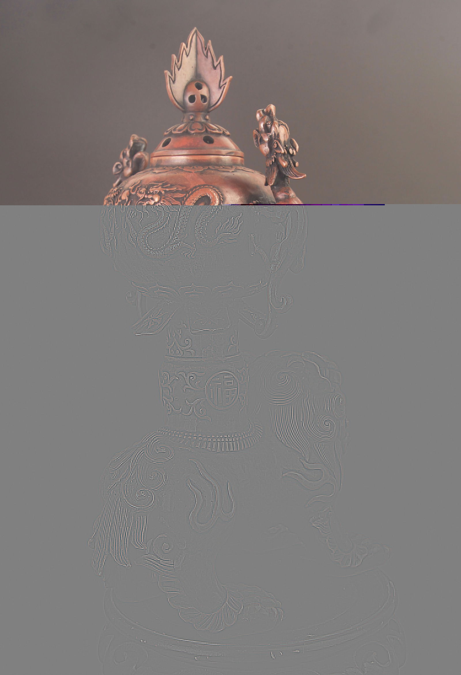 RARE BRONZE RUI SHOU AND DOUBLE DRAGON FIGURE INCENSE BURNER BURNER: 19th Century, High: 16.5 inch; Long: 10.75 inch; Width: 8.5 inch;