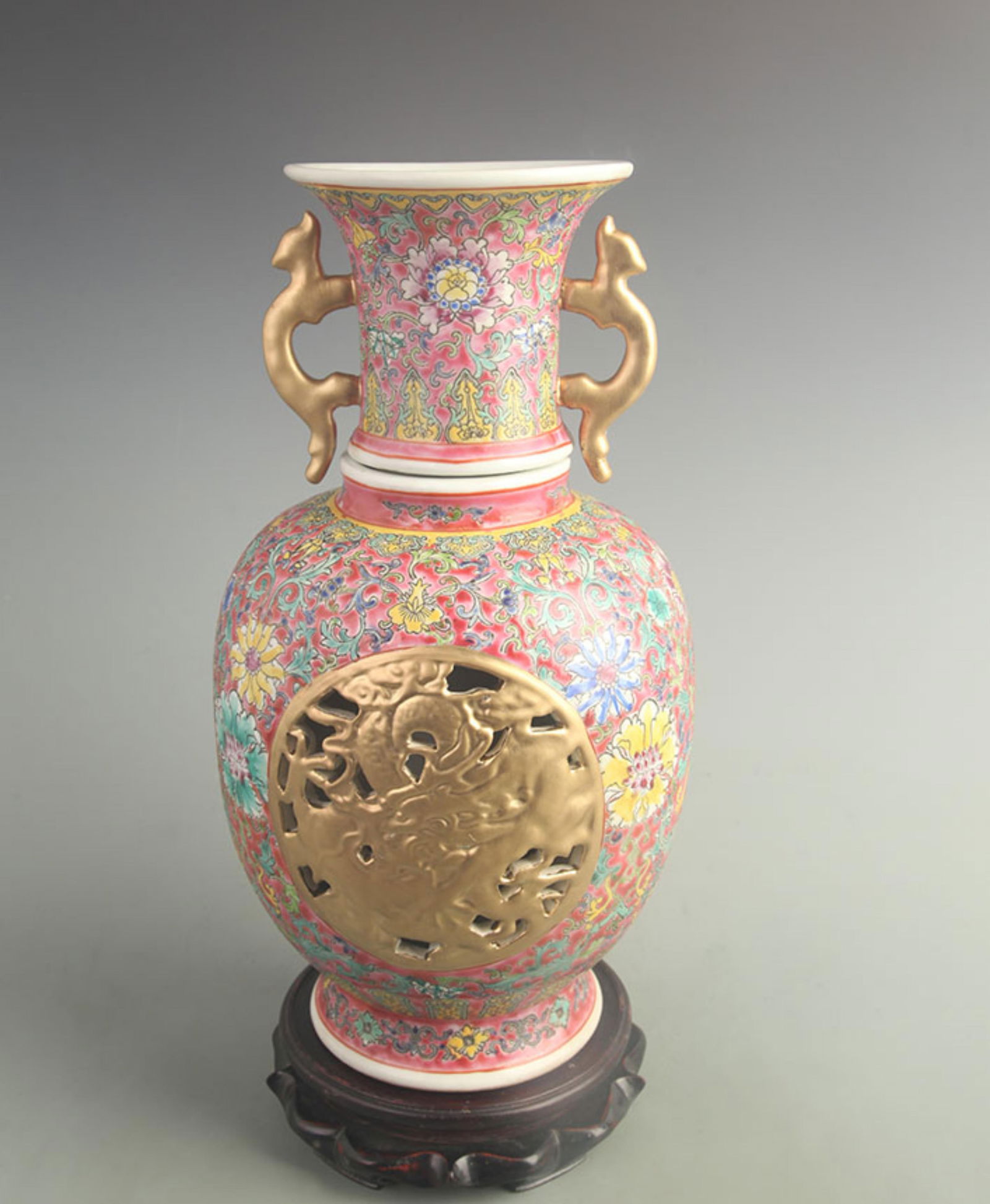 ROUGE RED DOUBLE-SIDED CARVED REVOLVING HEART VASE: Qing Dynasty Qian Long Period; High:14.5 inch Width:7.00 inch