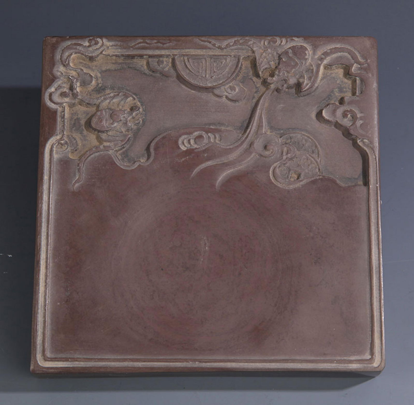 A FINE BAT AND DRAGON CARVING STONE INK: Qing Dynasty; Long: 6.25 inch High: 6.25 inch