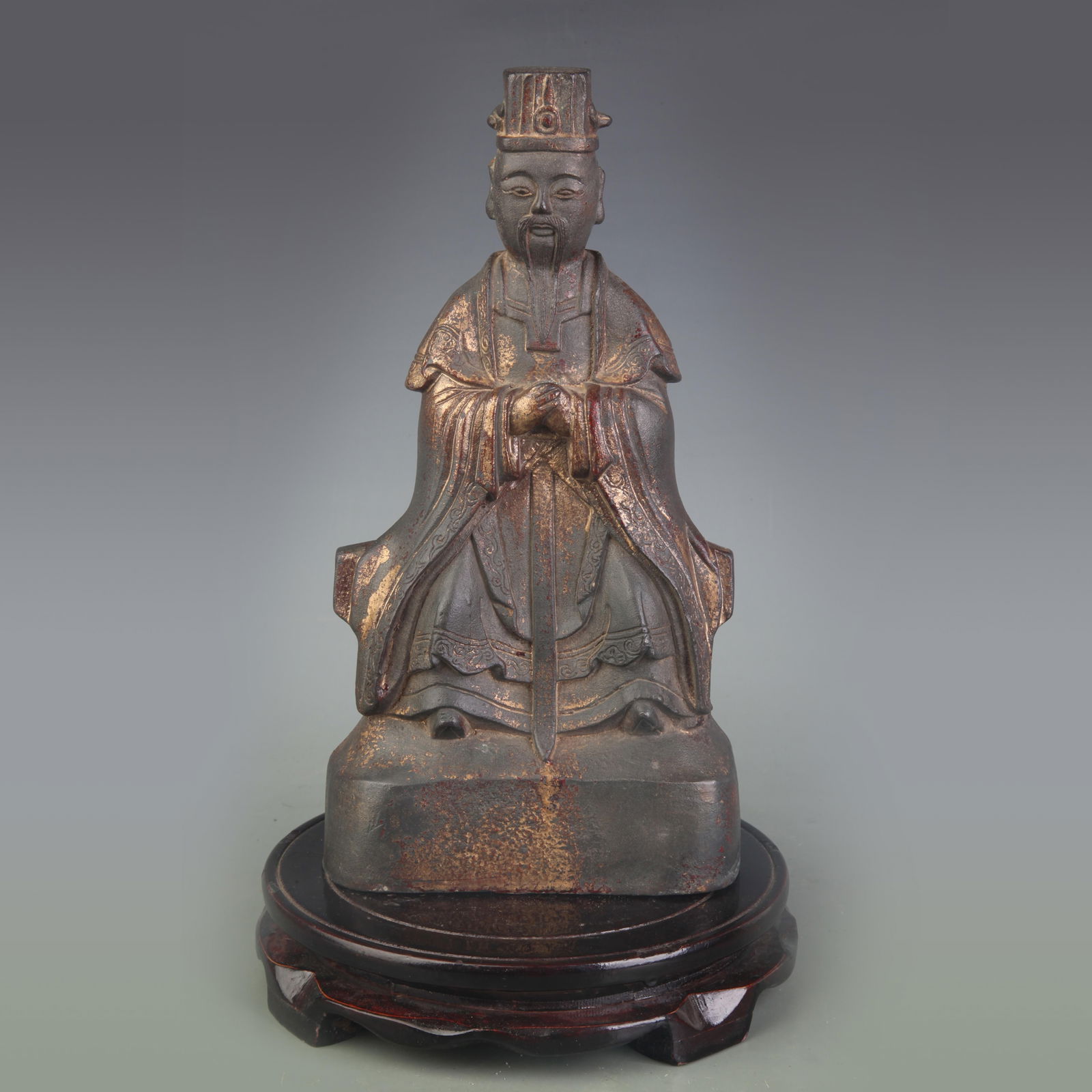 A FINE BRONZE CIVIL OFFICIAL STATUE: Qing Dynasty; Width: 5.5 inch; High: 10.2 inch