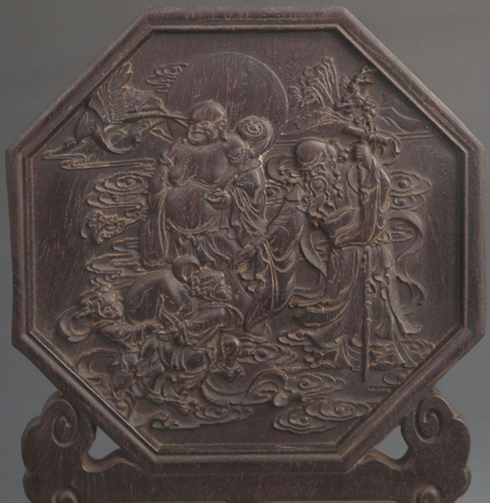 A FINE ROSEWOOD MADE LONGEVITY GOD PATTERN TABLE SCREEN - 2