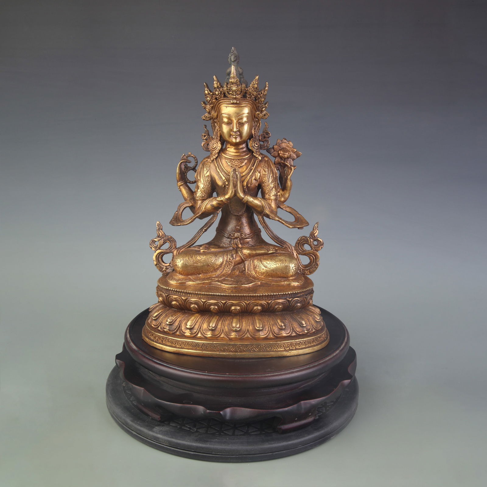 FOUR-ARMED BRONZE AVALOKITESHVARA (GUANYIN) STATUE: Qing Dynasty; High: 12.5 inch