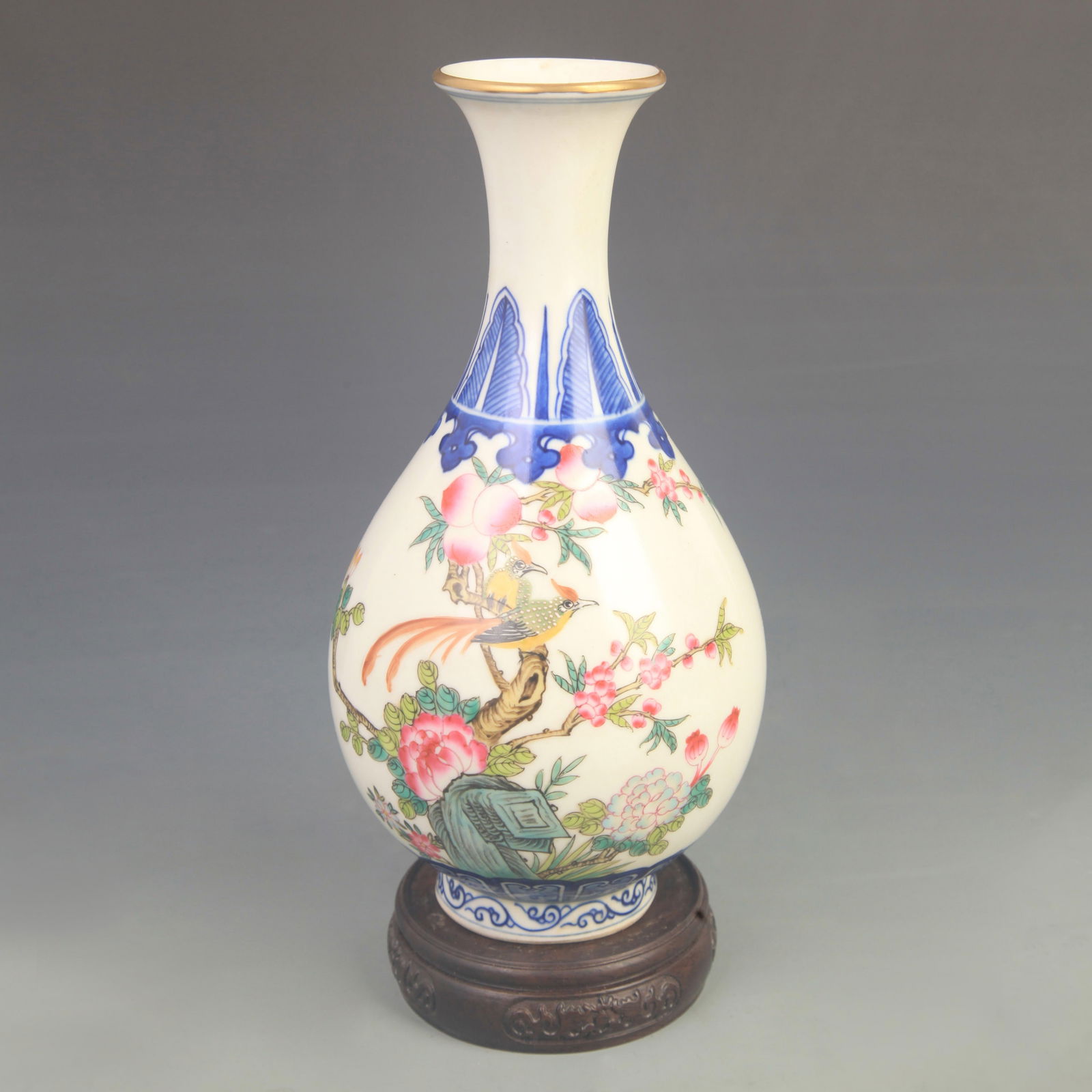 CLOISONNE ENAMEL COLOR FLORAL AND BIRD "YUHUCHUN" PORCELAIN VASE: Qing Dynasty Qian Long Period; High: 9.60 inch; Diameter:4.80 inch;