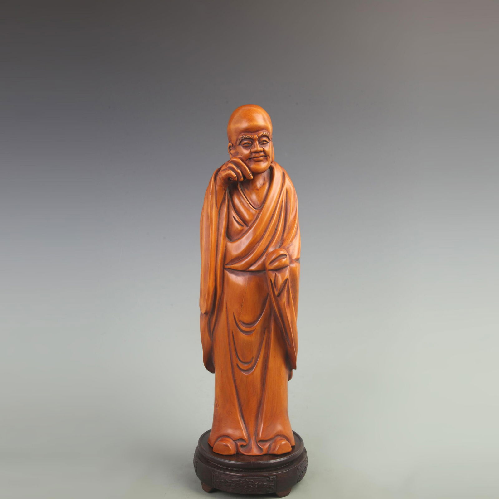 A LARGE BOXWOOD CARVED STANDING BUDDHA FIGURE STATUE: 20th Century; High: 15.5 inch; Width: 3.2 inch; Long: 4.01 inch;