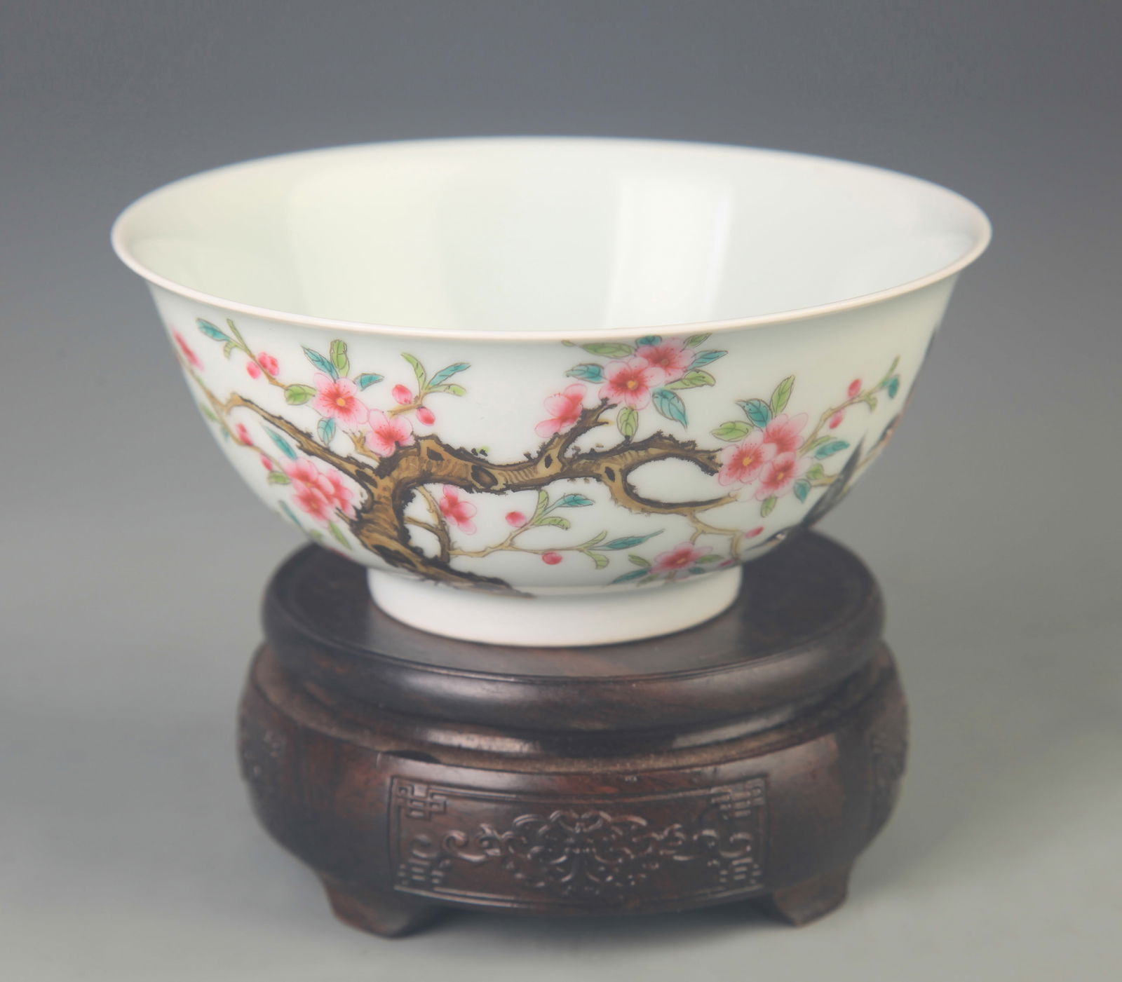 RARE FAMILLE ROSE PLUM THREE PATTERN PORCELAIN BOWL: Qing Dynasty Yong Zheng Period; High: 2.5 inch; Diameter: 5.80 inch;