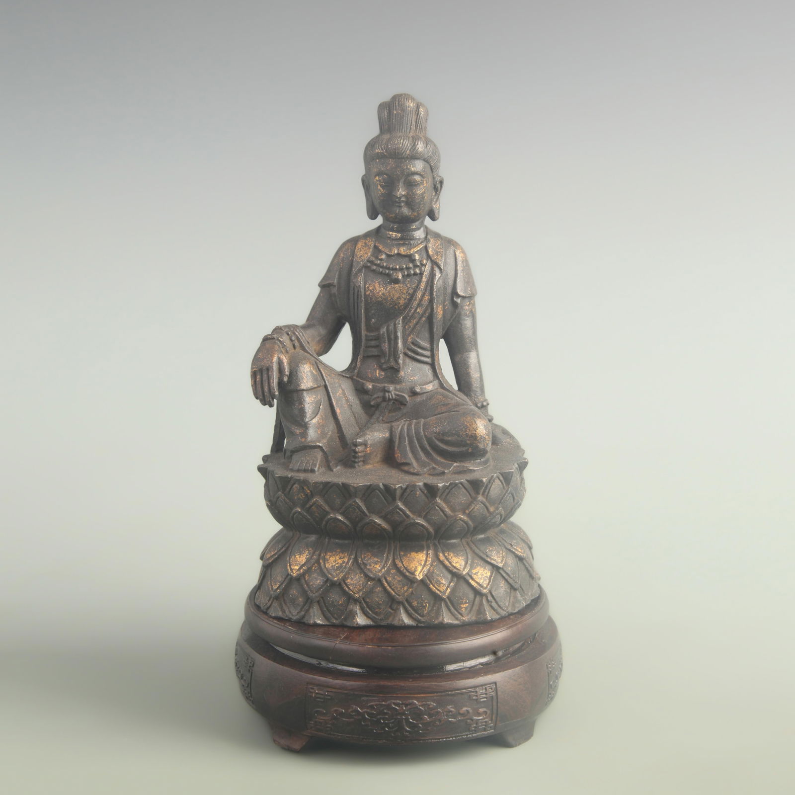 GILT-BRONZE WATER-MOON GUANYIN STATUE: 19th Century; High: 8.50 inch; Width: 3.80 inch; Long: 4.90 inch