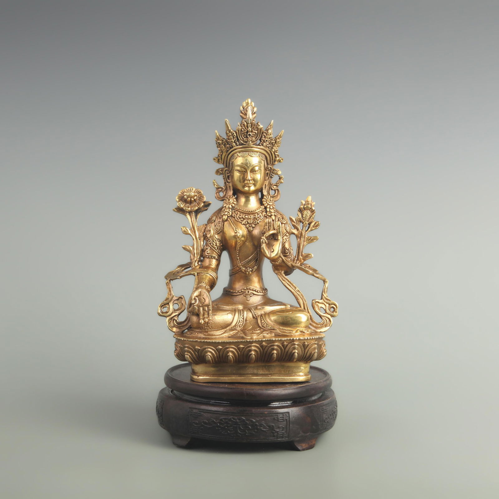 A FINE GILT BRONZE GREEN TARA GODDESS STATUE: 19th Century; High: 8.50 inch; Width: 2.80 inch; Long: 4.00 inch;