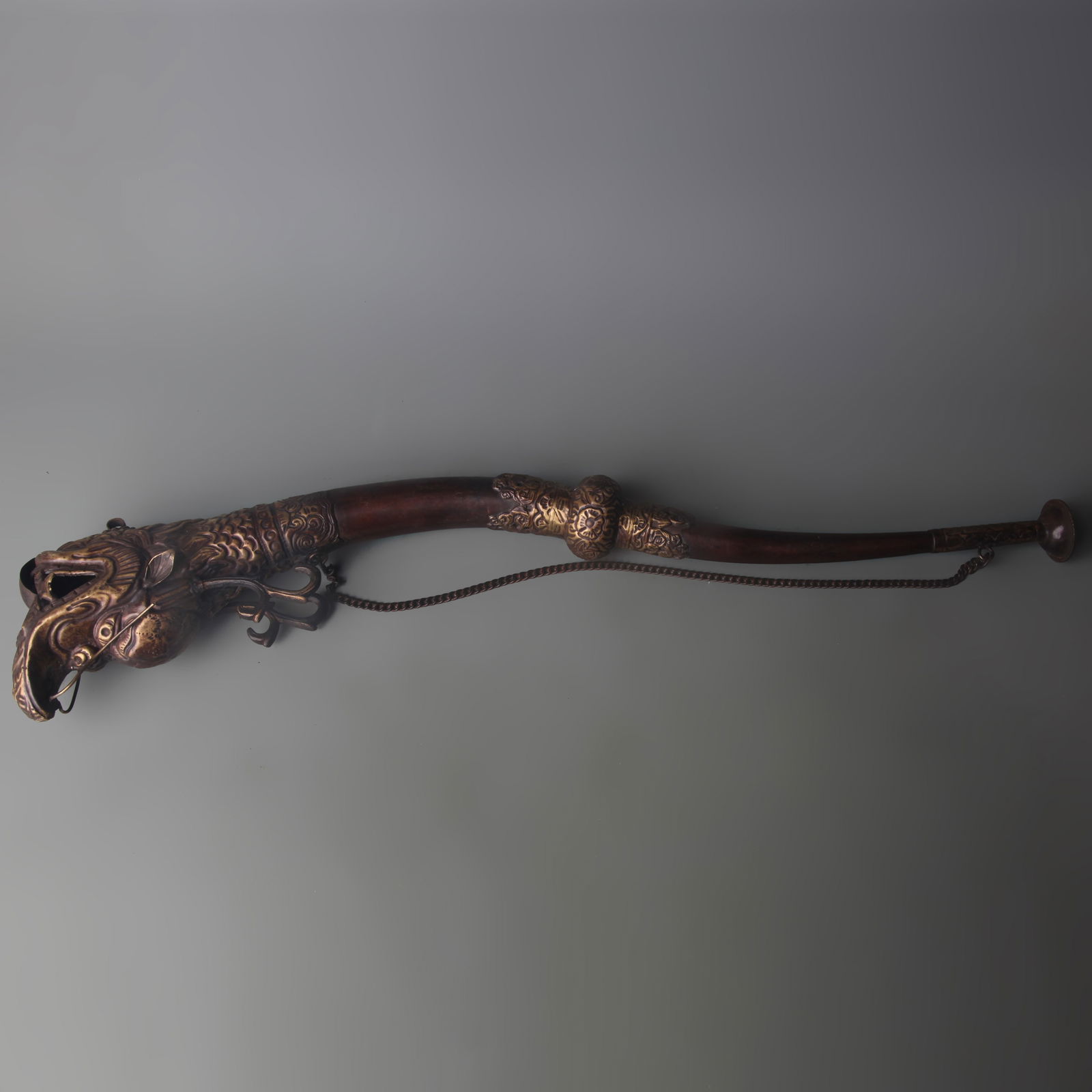 TIBETAN BUDDHISM RITUAL INSTRUMENT BRONZE TRUMPET: Qing Dynasty; Long: 20.3 inch;
