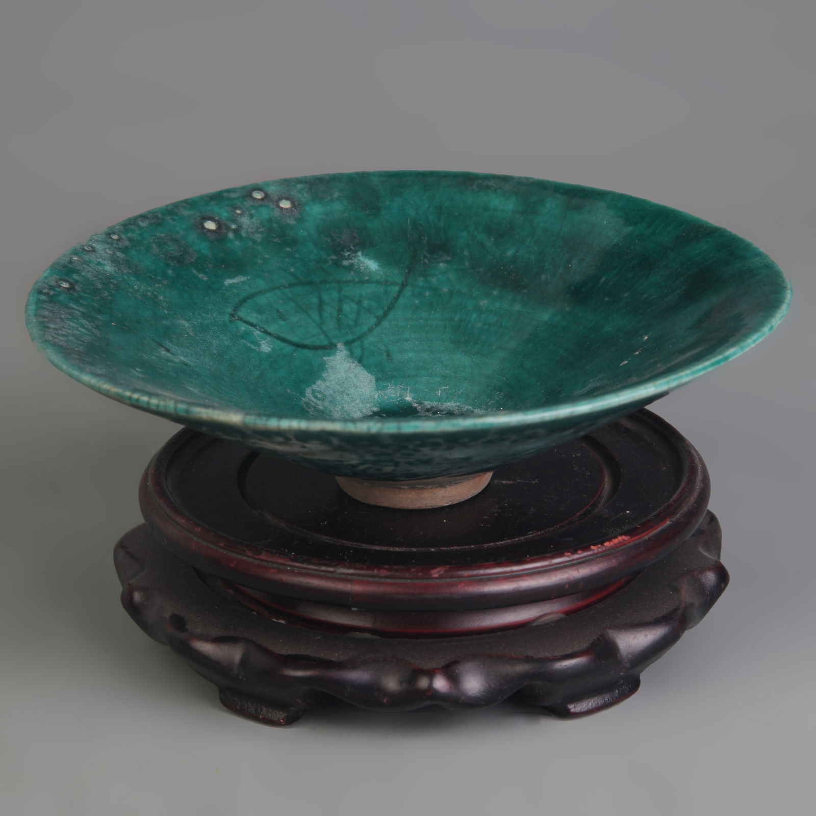 GREEN-GLAZED CONICAL (DOULI) OLD PORCELAIN BOWL: Diameter: 6.2 inch; High: 1.7 inch