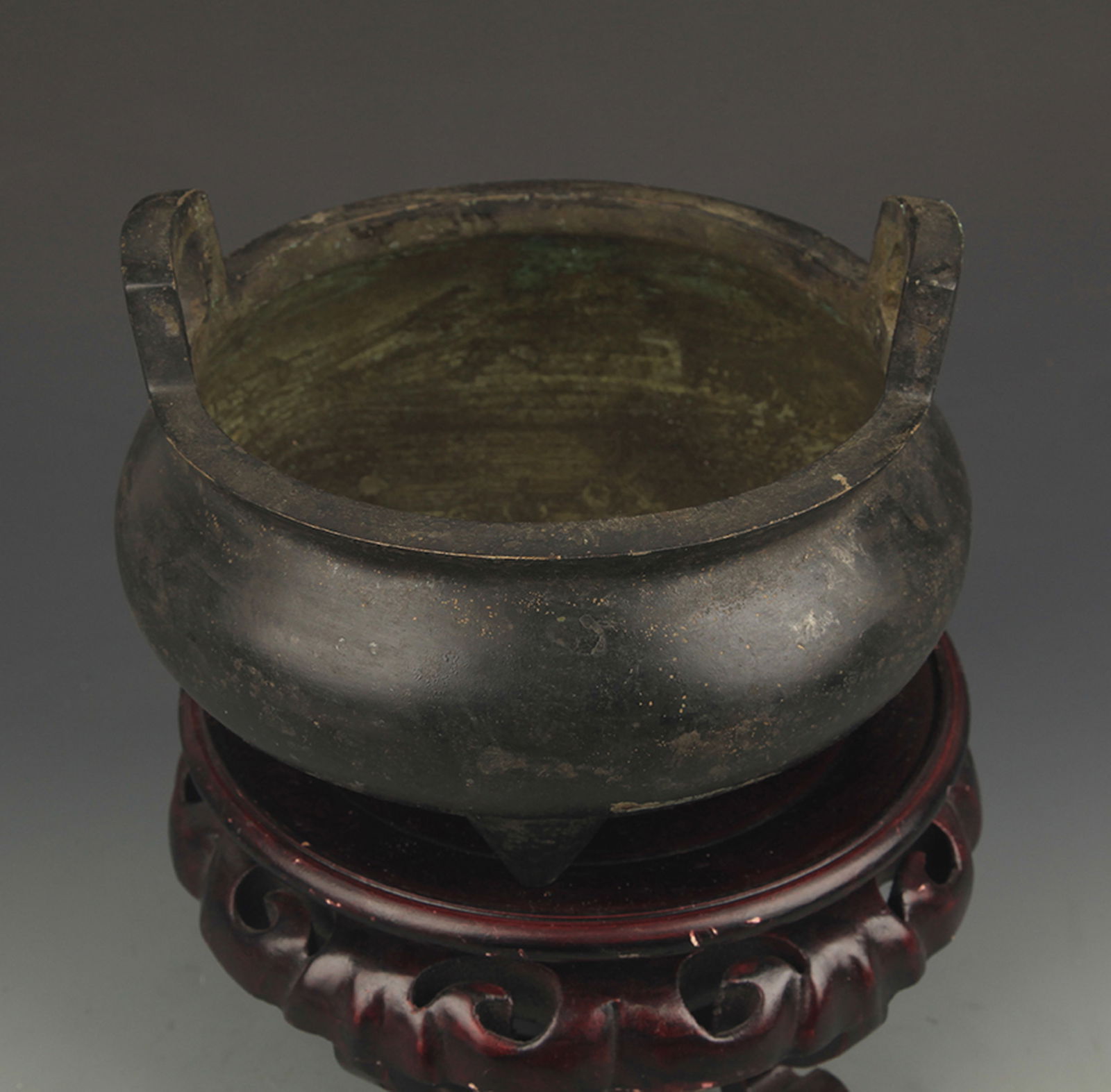 RARE BRONZE DOUBLE EAR TREE BOOT BRONZE CENSER: Qing Dynasty; High: 5.75 inch; Diameter: 8.0 inch;