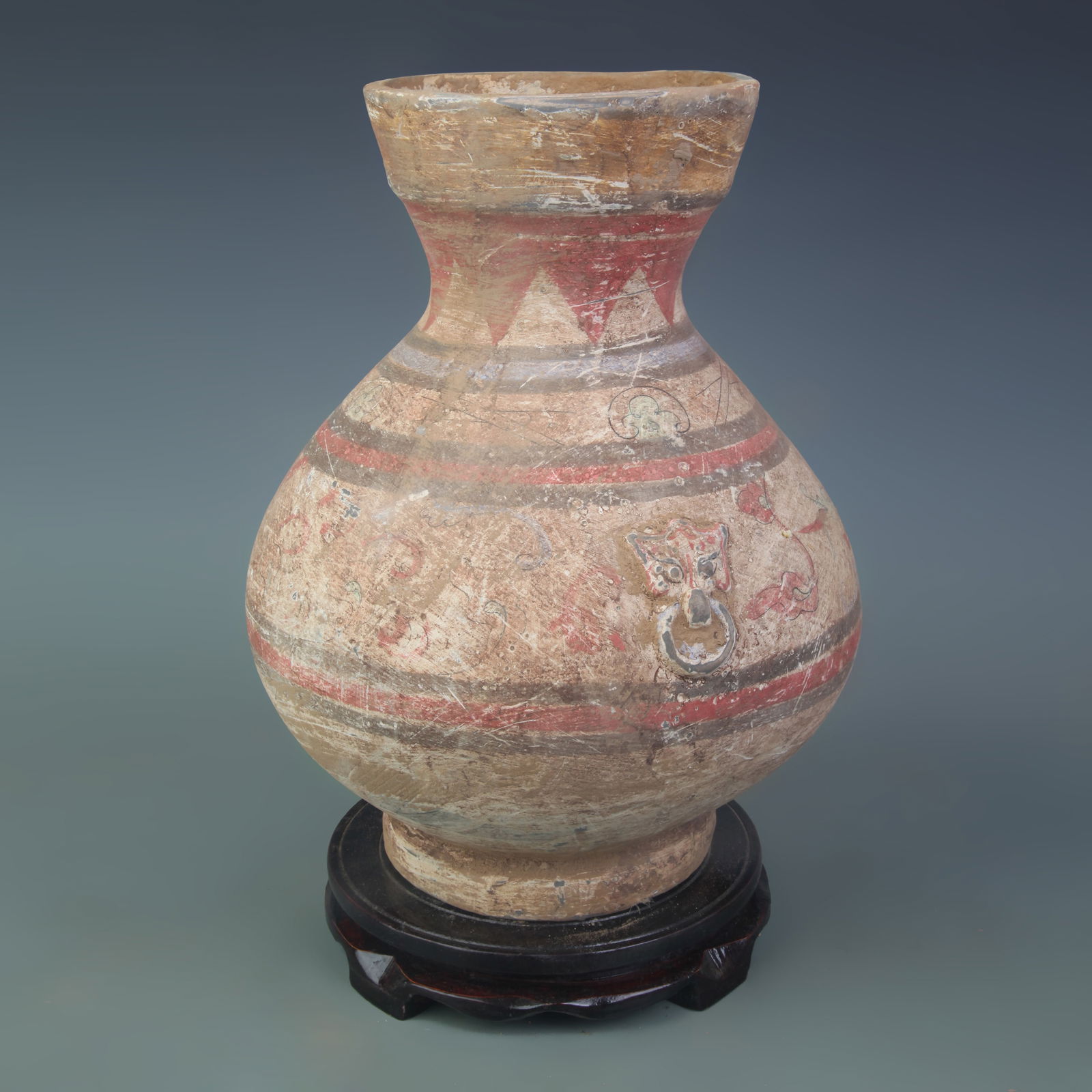 PAINTED POTTERY JAR WITH TAOTIE MASK HANDLES: Tang Dynasty Style; Diameter: 5.6 inch; High: 11.2 inch