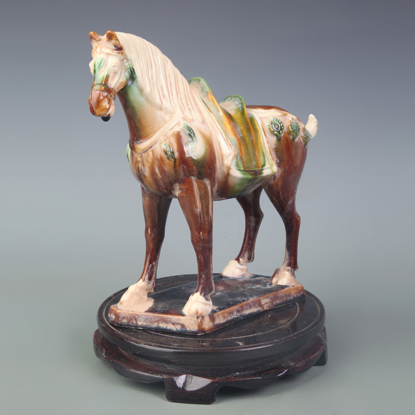 SANCAI (THREE-COLOR) HORSE POTTERY FIGURINE: Tang Dynasty Style; Long: 8.1 inch; High: 8.2 inch;