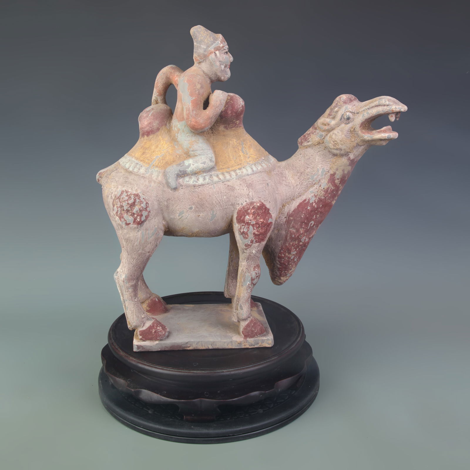 PAINTED POTTERY CAMEL AND FOREIGNER FIGURE: Tang Dynasty Style; Long: 15.0 inch; Width: 5.0 inch; High: 15.6 inch