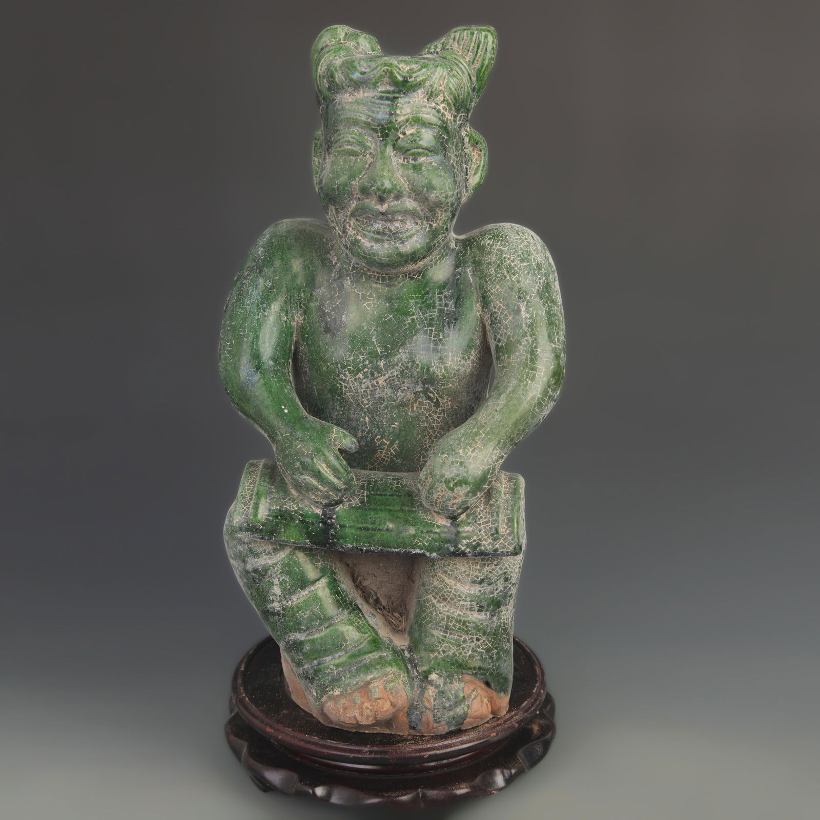 GREEN GLAZE MUSICIAN POTTERY FIGURINE: Han Dynasty Style; High: 14.75 inch; Width: 7.25 inch