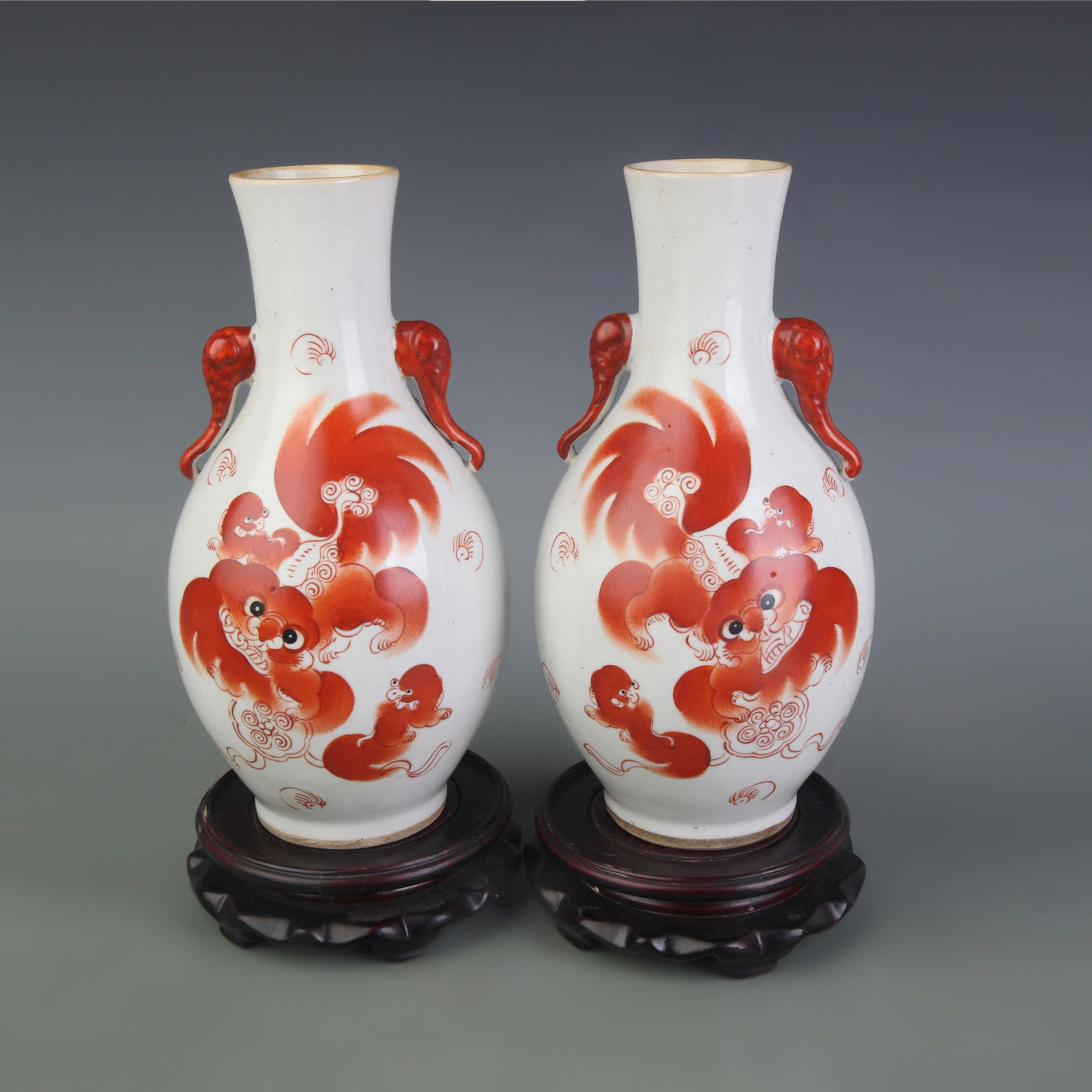 PAIR OF FAMILLE ROSE RUI SHOU BEAST PATTERN PORCELAIN VASES: Da Qing Kang Xi Nian Zhi Mark; Diameter: 2.9 inch; High: 9.6 inch;