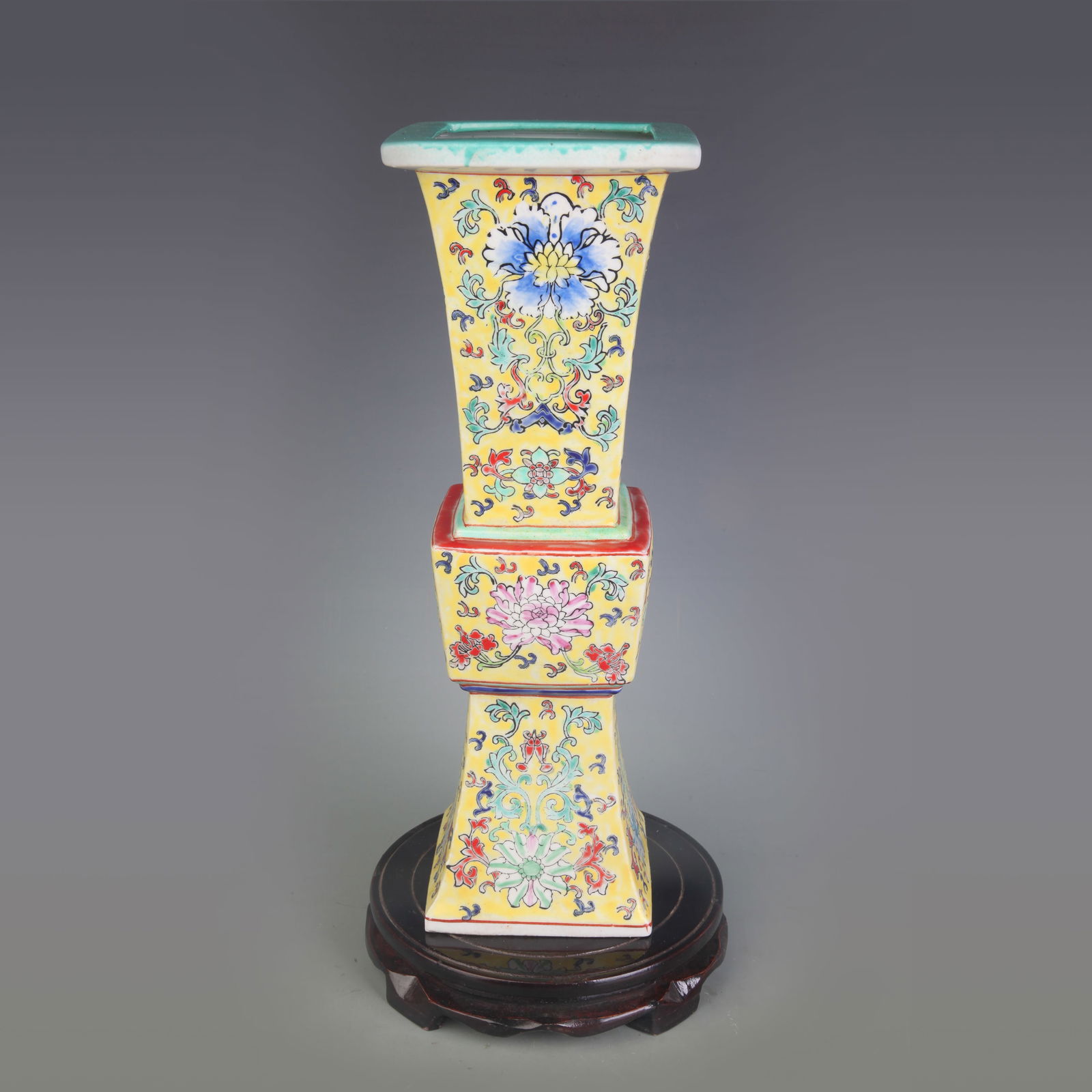 FAMILLE ROSE YELLOW GROUND PORCELAIN FLORAL VASE: Qing Dynasty Qian Long Period; High: 14.0 inch