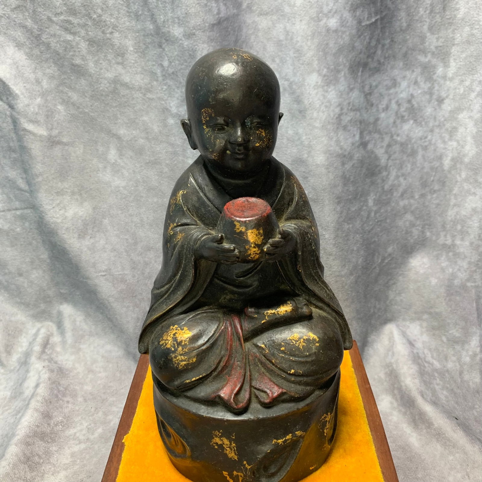 GILDED BRONZE SEATED LITTLE MONK STATUE: Ming Dynasty Style; Long: 4.5 inch; High; 8.9 inch;