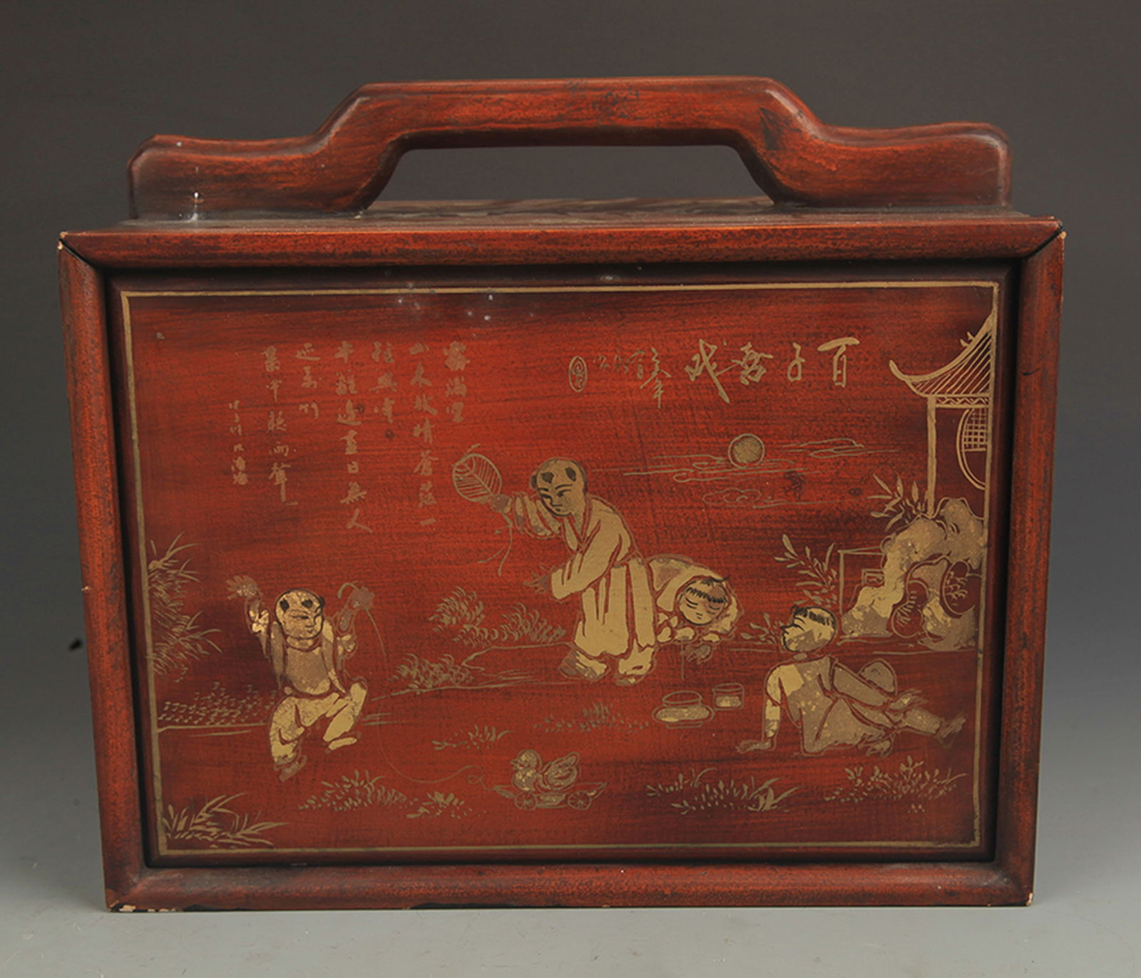 RARE GILT LACQUERED CHILDREN PLAYING WOODEN BOOKCASE: Qing Dynasty; High: 9.0 inch; Width: 6.0 inch; Long: 11.75 inch;