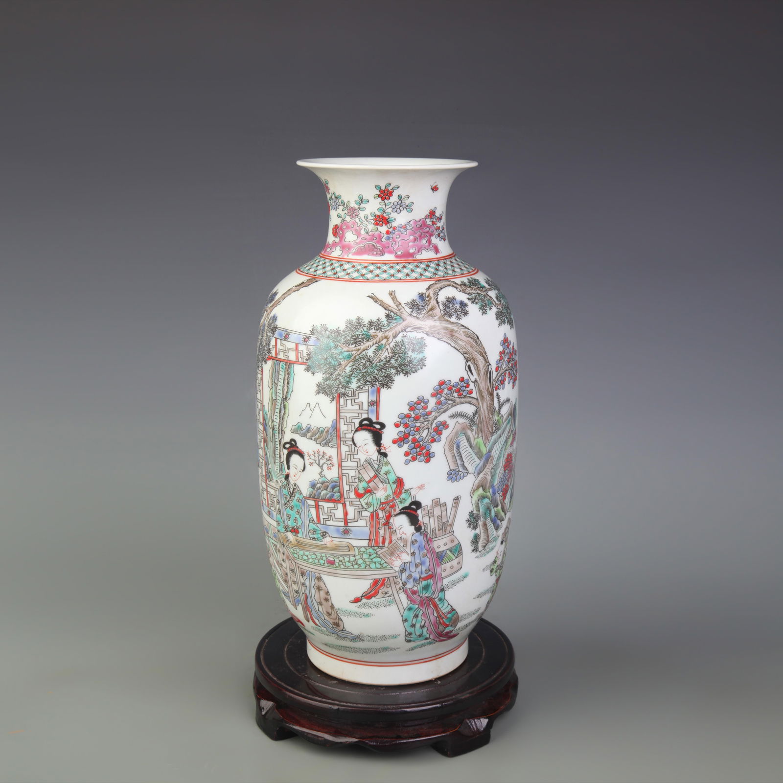 FAMILLE ROSE FIGURE PATTERN LANTERN STYLE PORCELAIN VASE: Qing Dynasty; High: 12.2 inch