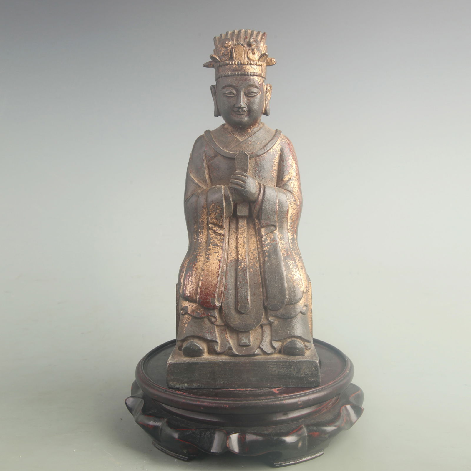 GILT BRONZE CIVIL OFFICIAL WEALTH DEITY STATUE: Yuan Dynasty Style; High: 9.50 inch; Width: 3.80 inch;