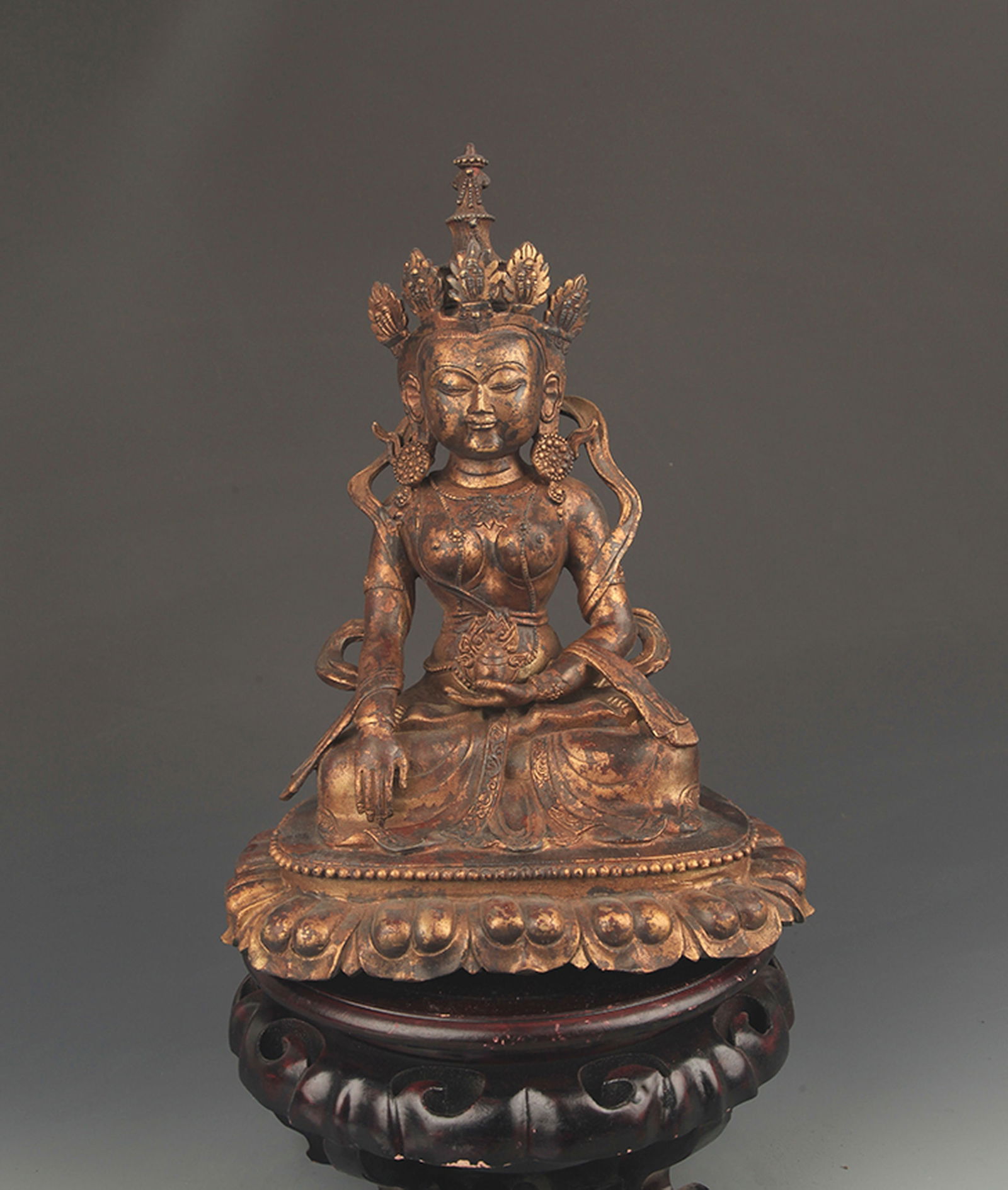 RARE TIBETAN BUDDHISM KSITIGARBHA BODHISATTVA SUTRA STATUE: 18th Century, High: 12.5 inch; Width: 9.25 inch;