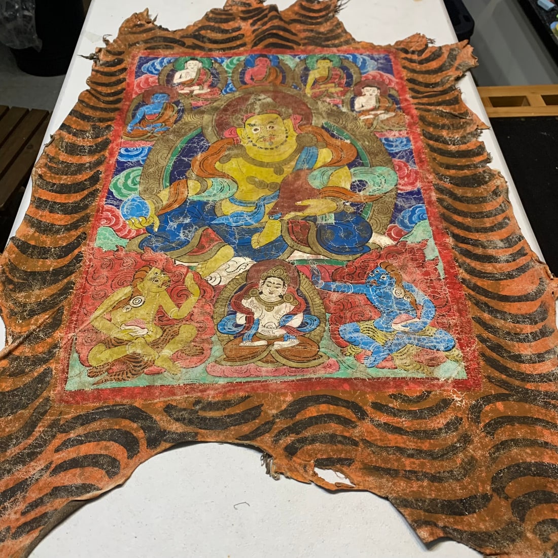 TIBETAN BUDDHIST SHEEPSKIN THANGKA: Qing Dynasty; Long: 29 inch; Width: 20 inch;