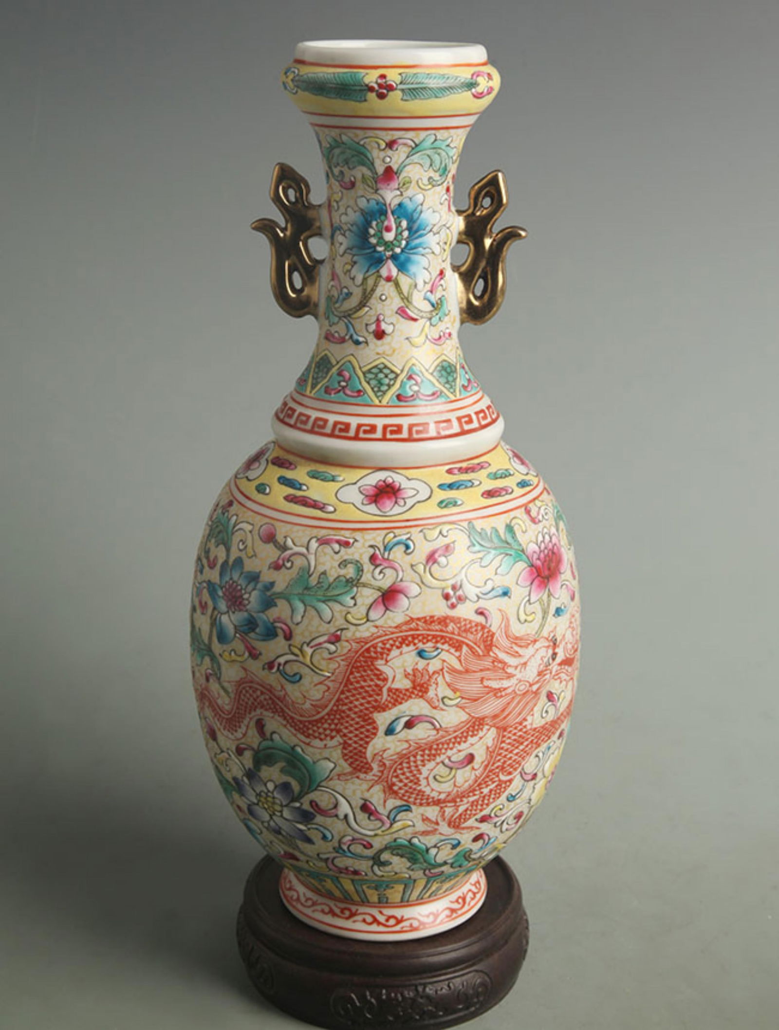 CLOISONNE ENAMEL COLOR DOUBLE EAR DRAGON PATTERN LONG NECKED PORCELAIN VASE: Qing Dynasty Qian Long Period; Width: 8.00 inch; Width: 4.50 inch;