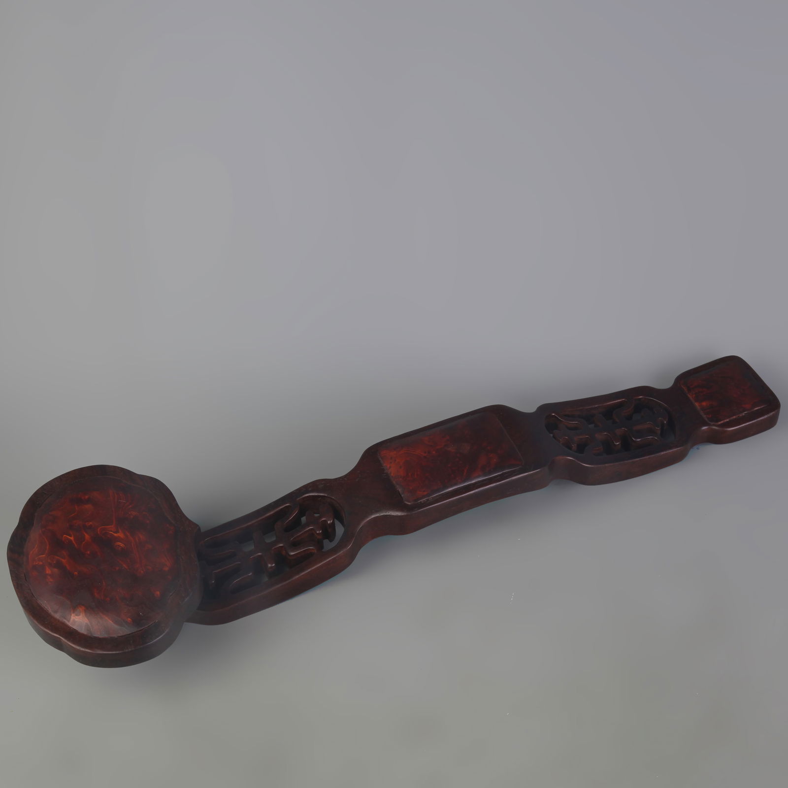 REDWOOD INLAY WITH SHADOW WOOD RUYI SCEPTER: Qing Dynasty; Long: 17.3 inch