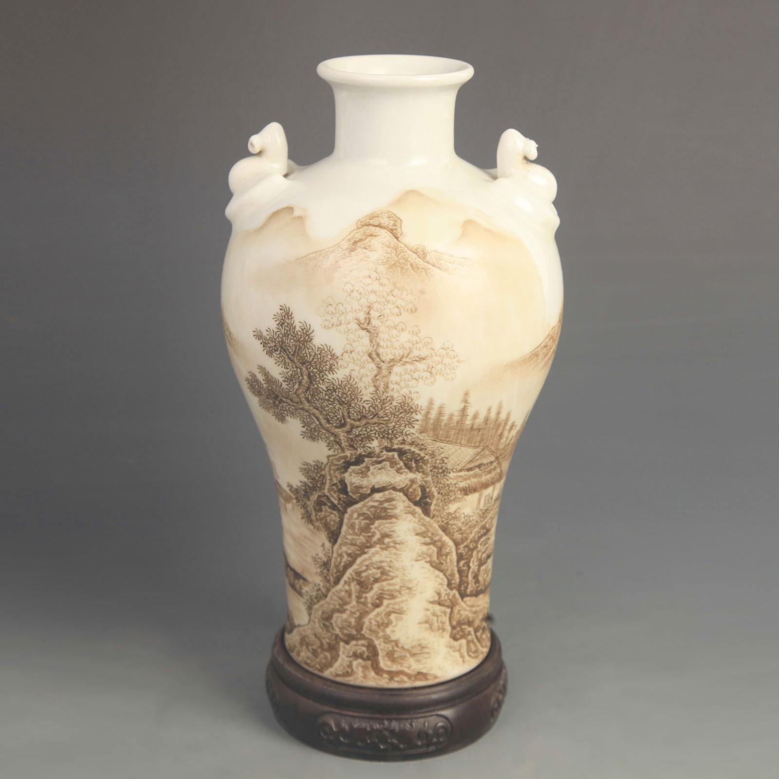 INK COLOR DECORATED BEAST-HANDLE STYLE PORCELAIN VASE: Qing Dynasty; High: 9.30 inch; Diameter: 5.00 inch