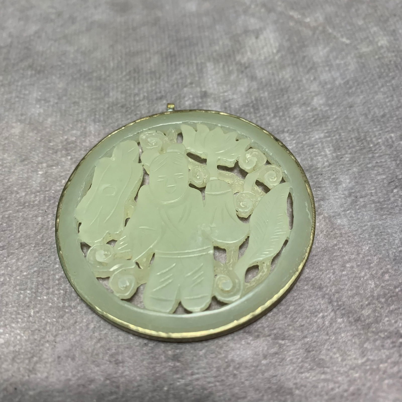 HETIAN PALE CELADON JADE PLAQUE WITH COPPER ROUND: Ming Dynasty Style; High; 2 inch; Diameter: 0.1 inch