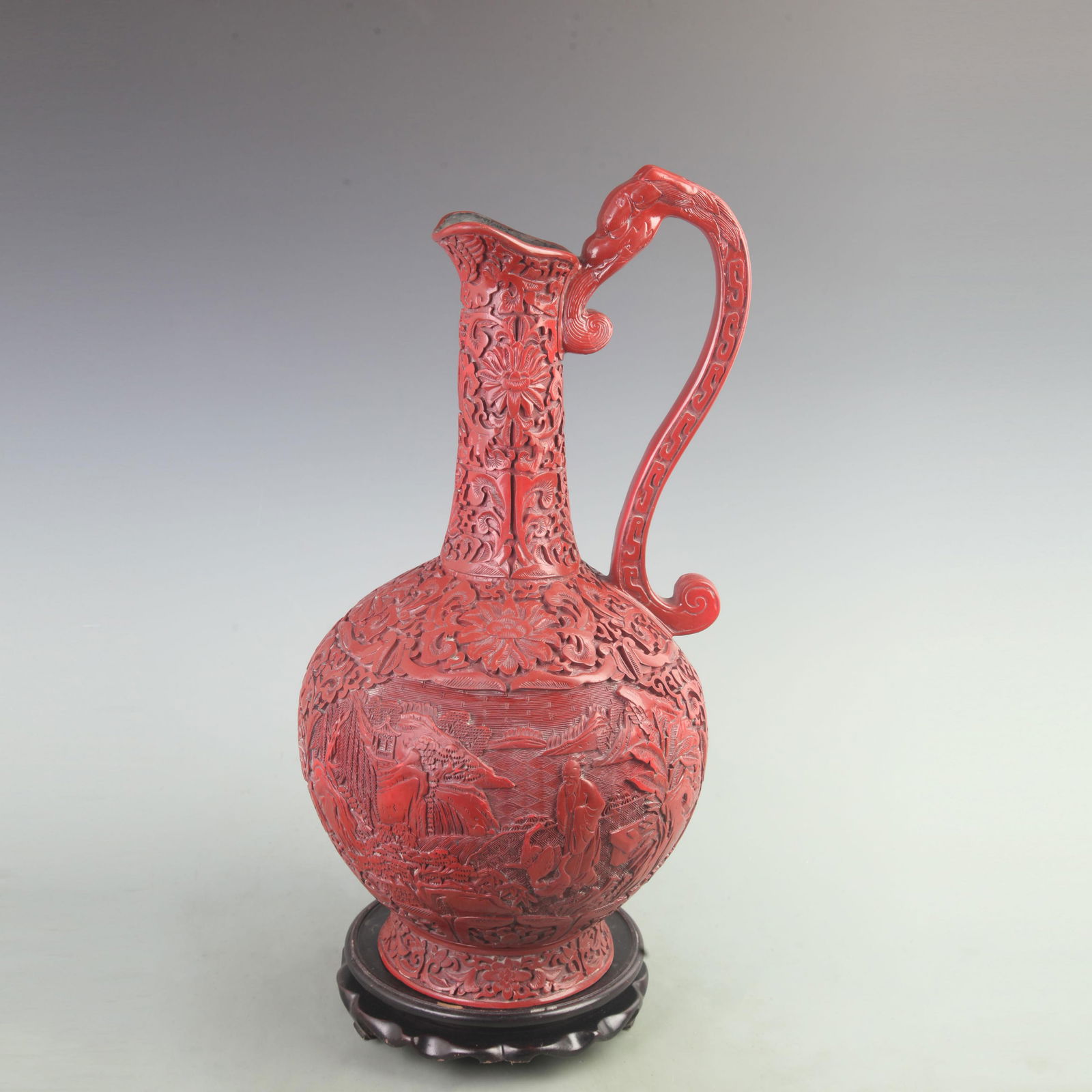 RARE FINE CHARACTER CARVING CARVED LACQUERER EWER: Qing Dynasty; High: 20.8 inch; Width: 10 inch; Long: 10 inch;
