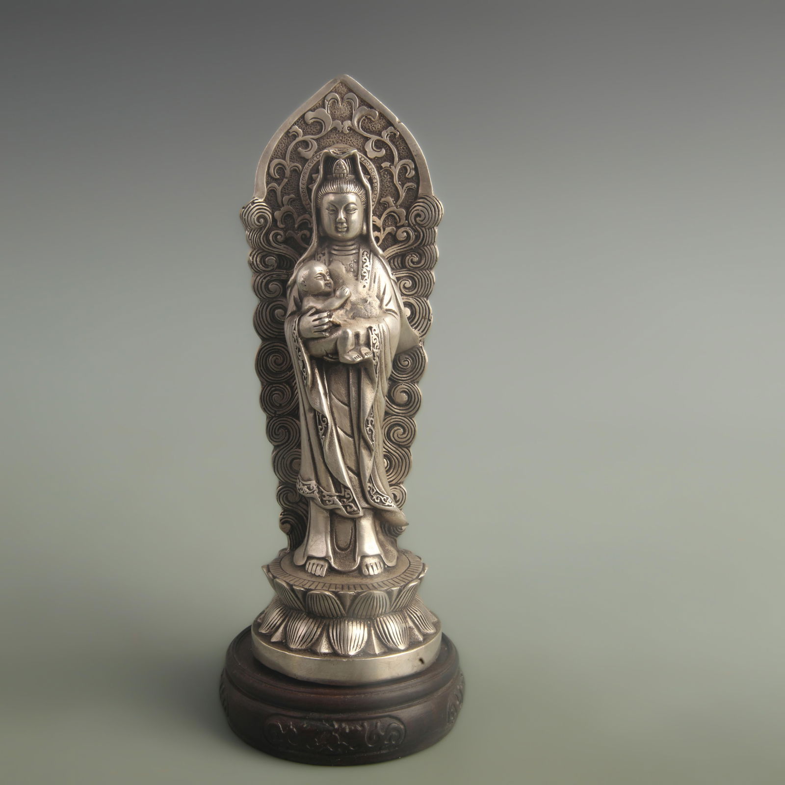GILT AND SILVER BRONZE FERTILITY GUANYIN WITH HALO: Qing Dynasty Qian Long Period; High: 9.00 inch; Diameter: 2.80 inch;