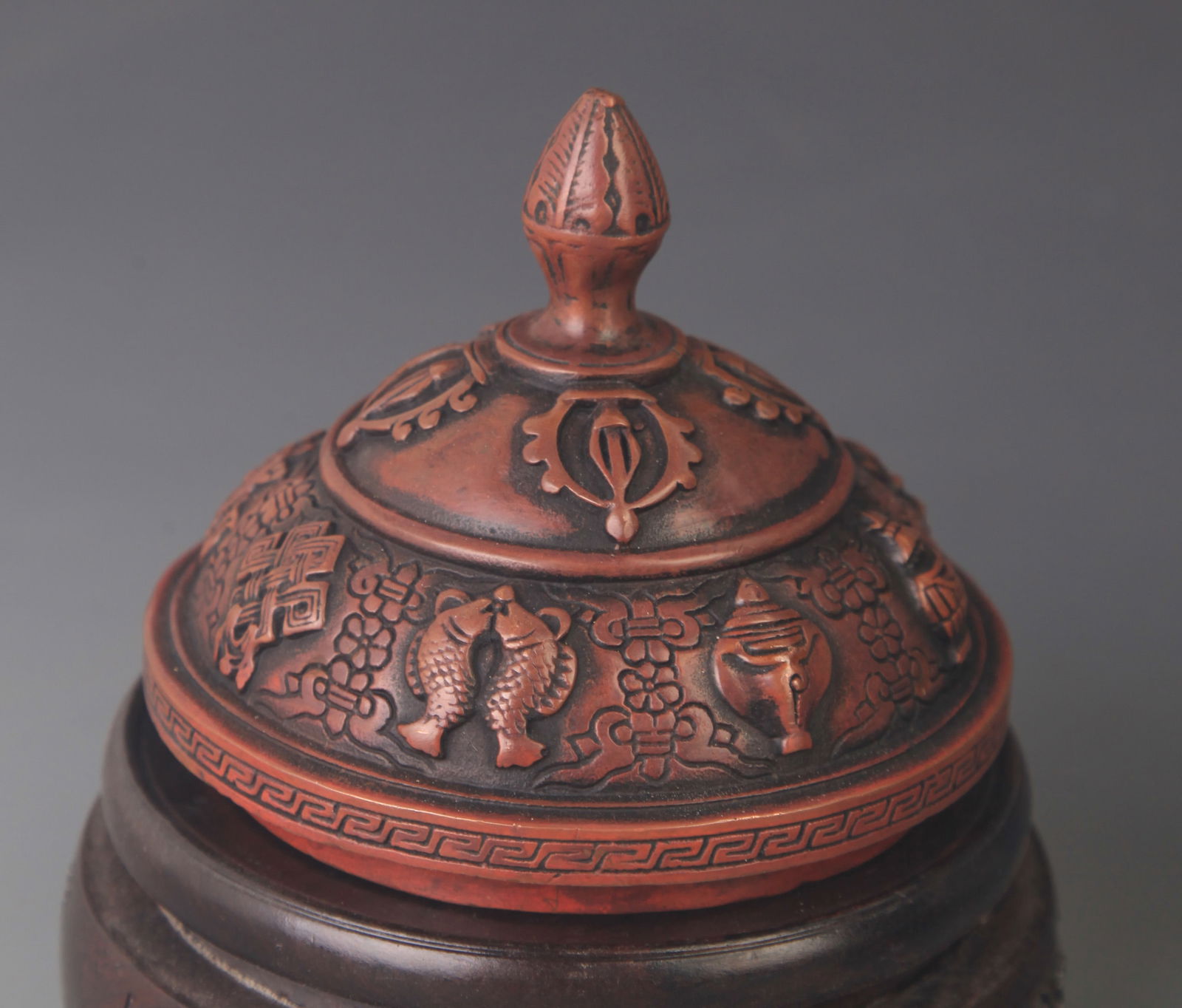 TIBETAN BUDDHIST BRONZE EWER WITH DRAGON HANDLE AND EIGHT AUSPICIOUS SYMBOLS: 19th Century; High: 9.75 inch; Width: 9.5 inch; Diameter: 4.0 inch